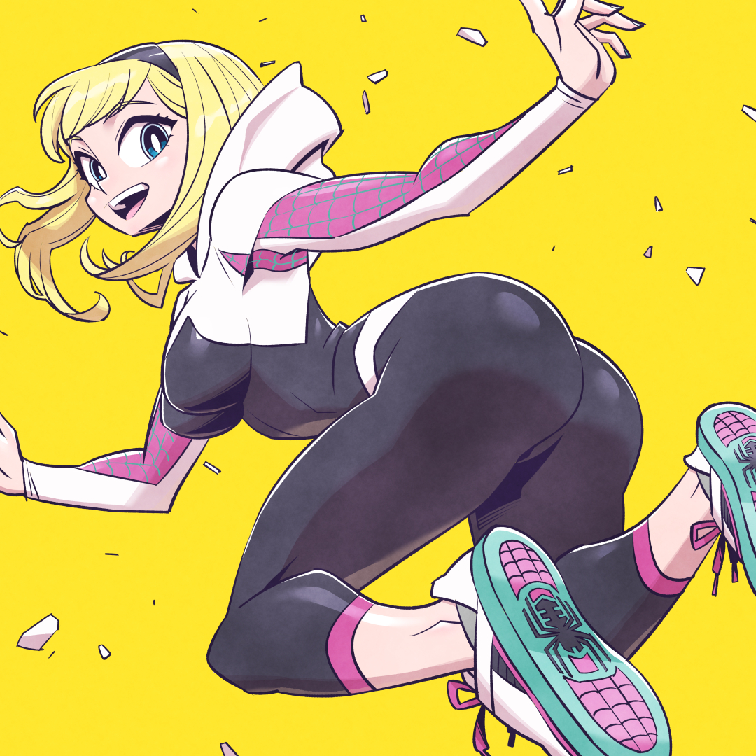 artist request, ass, big ass, big breasts, big butt, blonde hair, breasts, bubble ass, bubble butt, female, gwen stacy, hairband, hoodie, huge ass, large ass, large breasts, large butt, marvel, marvel comics, shoes, skin tight, spider-gwen, spider-man (series), spider-man: into the spider-verse, sunafuki, superheroine, thick ass, tight clothes, tight clothing, tights