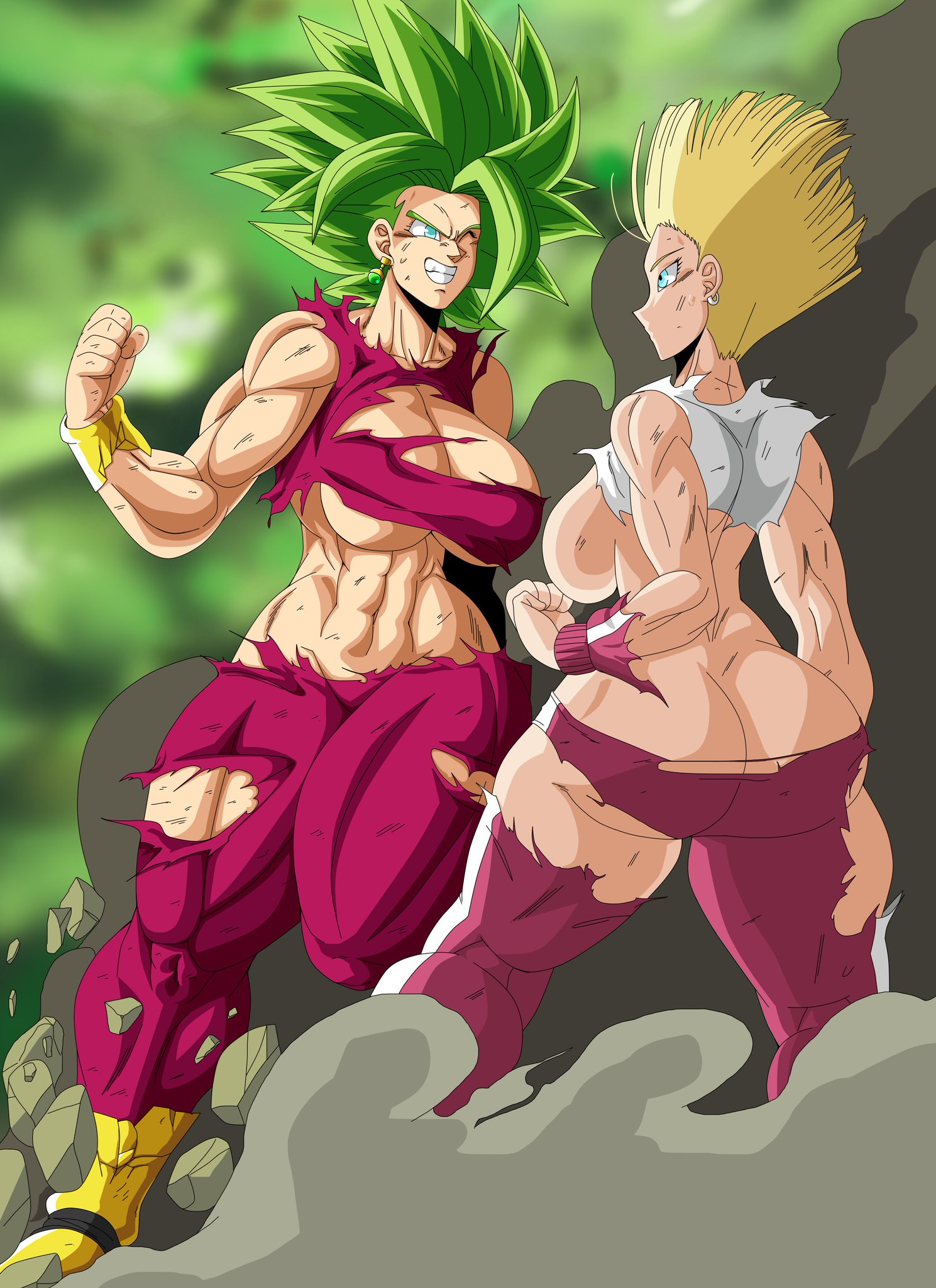 2022, 2girls, abs, android 18, ass, ass cleavage, ass crack, battle damage, big ass, big breasts, big butt, blonde female, blonde-haired female, breasts, bubble ass, bubble butt, butt crack, charge sol, dragon ball, dragon ball super, exposed ass, exposed breasts, female, female only, female saiyan, fusion, green hair, green-haired female, huge ass, huge breasts, kefla, large ass, large breasts, legendary super saiyan, muscle tone, muscles, muscular, muscular female, potara earrings, potara fusion, saiyan, shounen jump, six pack, spiky hair, super saiyan, super saiyan 2, thick ass, thick thighs, thunder thighs, toned, toned female, tournament of power, wide hips