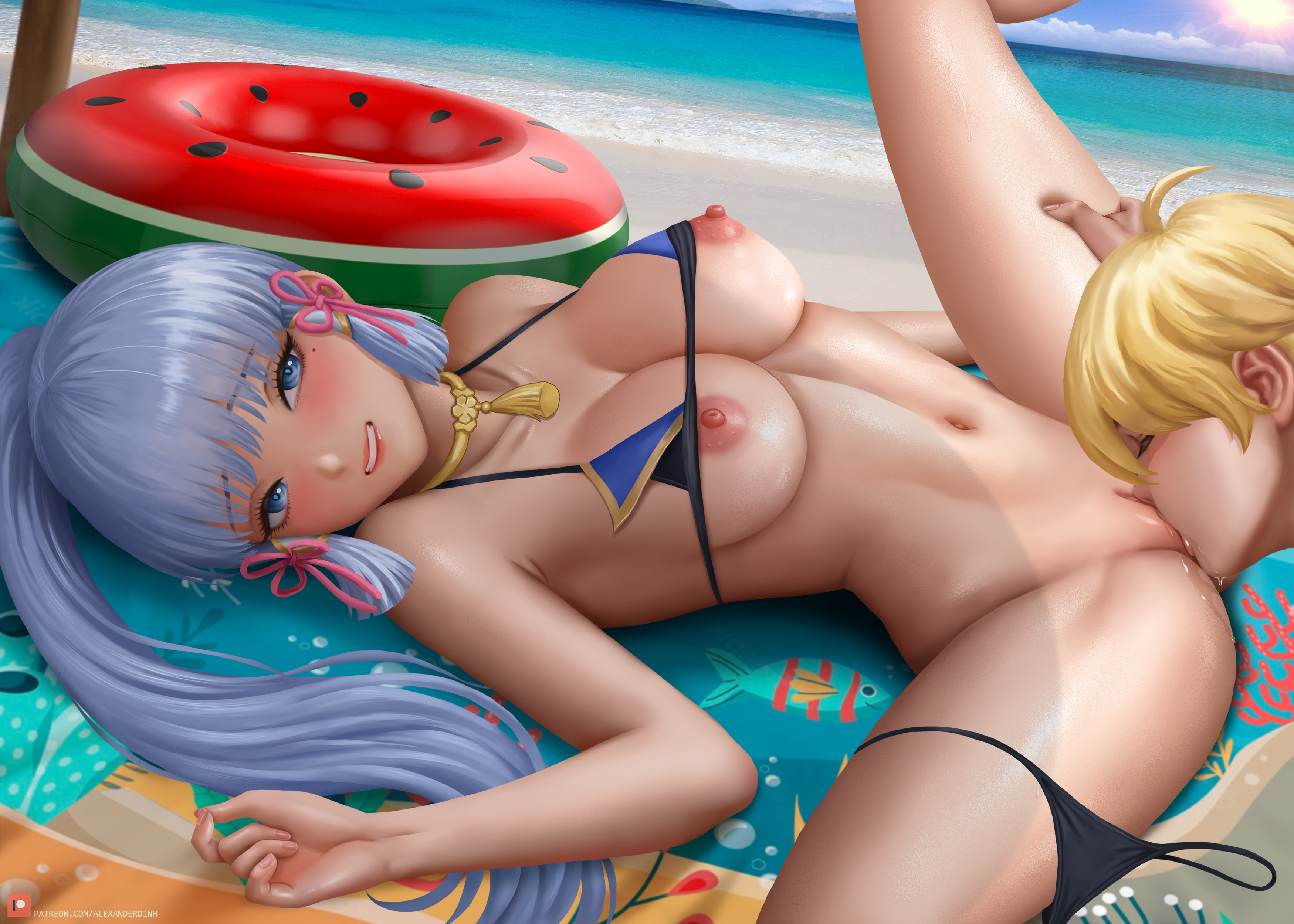 1boy, 1girls, absurd res, absurdres, aether (genshin impact), alexander dinh, areola, areolae, bangs, bare arms, bare shoulders, bare skin, bare stomach, bare thighs, beach, beach towel, beauty mark, big breasts, bikini, bikini bottom, bikini bottom around leg, bikini bottom removed, bikini top, bikini top lift, black bikini, black bikini bottom, black bikini top, black bra, black panties, black underwear, blonde hair, blue eyes, blue hair, blue sky, bra, bra lift, breasts, breasts exposed, breasts out, breasts out of clothes, busty, closed eyes, clothed, clothed female, clothed female nude male, clothing, cunnilingus, cute face, eating pussy, female, female/female, fit, fit female, genitals, genshin impact, hairless pussy, hand on thigh, hands on another's thighs, high resolution, highres, hime cut, hips, holding leg, holding leg up, holding one leg up, inflatable, kamisato ayaka, large breasts, large filesize, laying, laying down, laying on back, leg lift, leg up, legs, legs apart, legs held open, licking, licking pussy, light skin, light-skinned female, light-skinned male, long hair, long ponytail, looking at partner, looking pleasured, male, male/female, naked, naked male, navel, necklace, nipples, nude, nude male, nude male clothed female, ocean, on back, open legs, oral, oral sex, panties, panties around leg, panties around one leg, panties removed, pleasure face, ponytail, pussy, sand, sea, seaside, sex, shaved pussy, sidelocks, slim female, slim waist, smile, spread legs, spreading, stomach, summer, teeth, teeth clenched, thick thighs, thighs, tied hair, toned, toned body, toned female, toned stomach, towel, tropical, underwear, underwear around one leg, underwear removed, vagina, very high resolution, very long hair, water, watermelon print