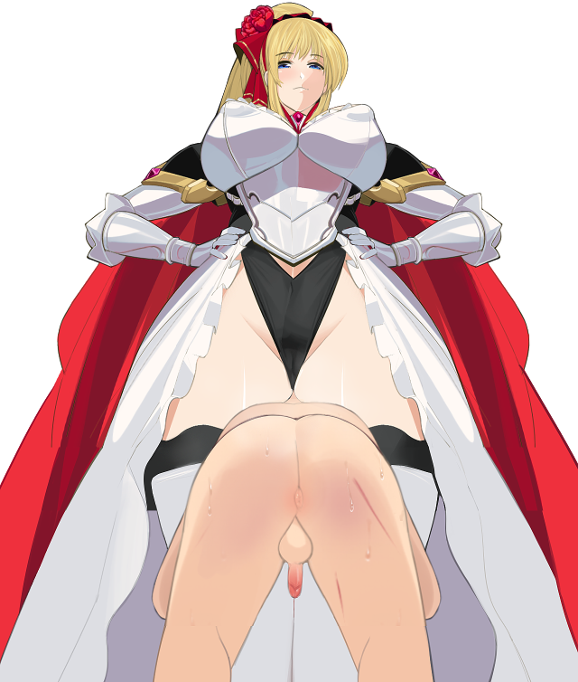 armor big_breasts blonde_hair bo_wei charlotte_(heelfall) clothed_female_nude_male domination erection femdom game_cg hair_ornament headlock heelfall princess robe scar slave smug thick_thighs thong torture unseen_male_face