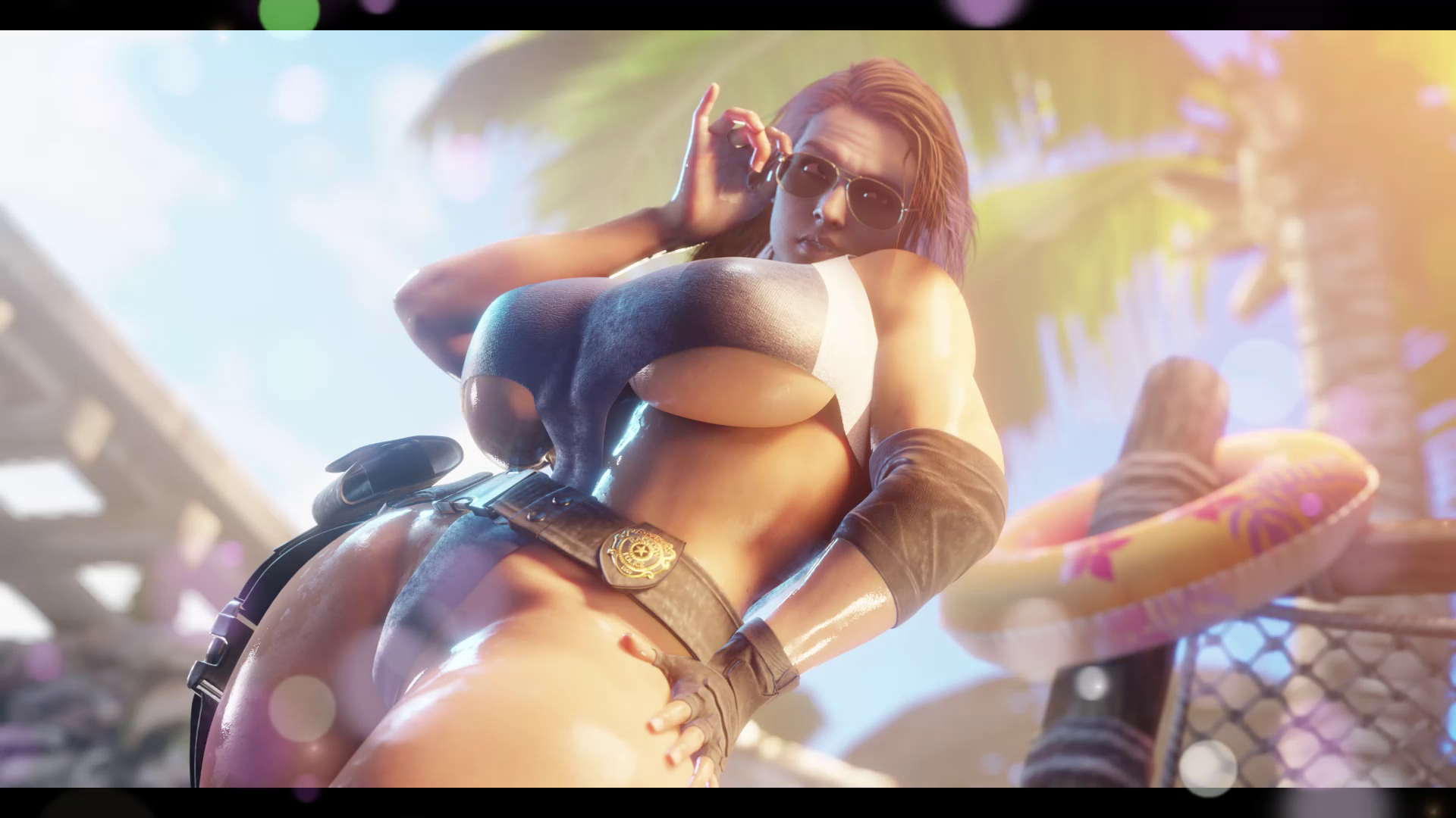 1girls, 3d, adjusting eyewear, adjusting glasses, adjusting sunglasses, ass, big ass, big breasts, big muscles, big thighs, blender, breasts, brown hair, capcom, female, female only, high cut swimsuit, jill valentine, jill valentine (sasha zotova), light skin, light-skinned female, muscles, muscular, muscular female, pale skin, pale-skinned female, resident evil, resident evil 3, resident evil 3 remake, sfmnewbie, sfw, solo, sunglasses, swimsuit, tagme, tinted eyewear, voluptuous