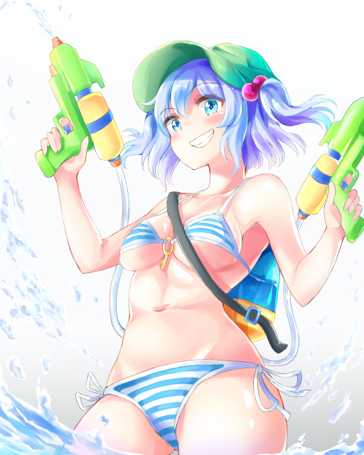 1girls bikini blue_eyes blue_hair medium_breasts nagomian nitori_kawashiro tagme touhou