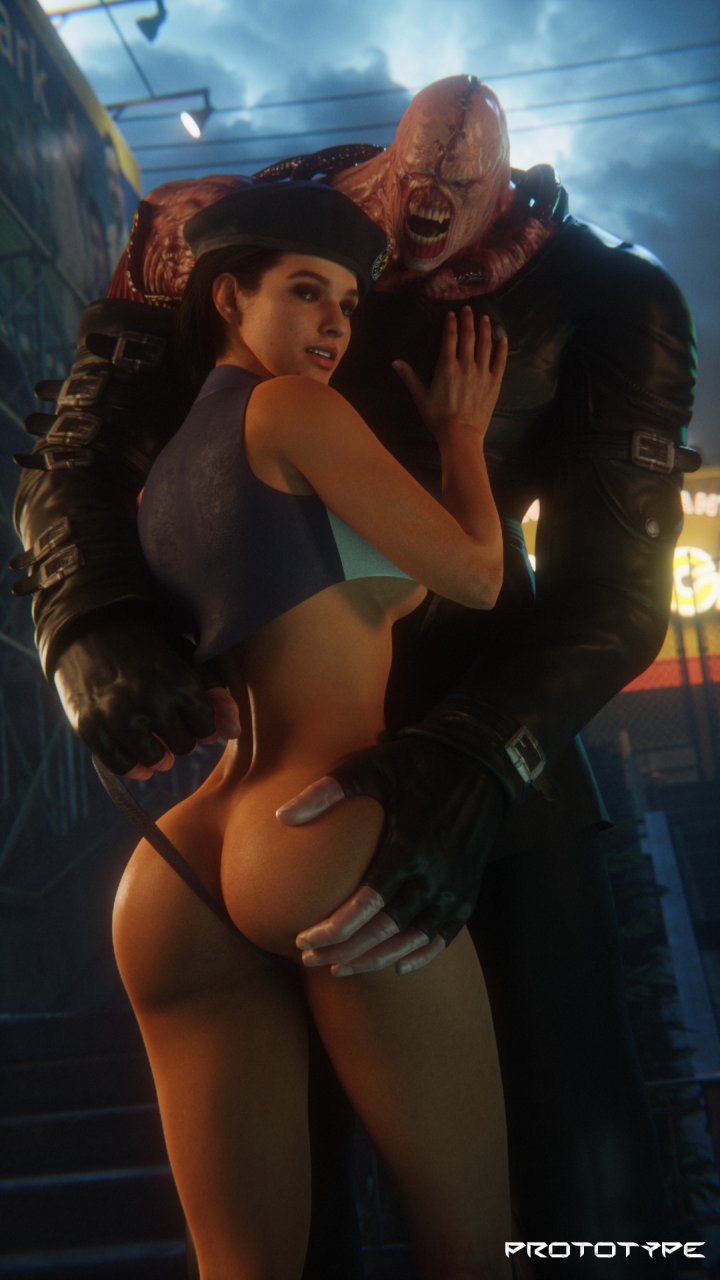 3d, 3d (artwork), absurdres, ass, big ass, black hair, blue eyes, capcom, female, grabbing ass, hands on ass, highres, interspecies, jill valentine, jill valentine (sasha zotova), large penis, light skin, light-skinned female, looking at viewer, male, maledom, monster, nemesis (resident evil), nightmare husbando, penis, prototype (artist), resident evil, resident evil 3, resident evil 3 remake, s.t.a.r.s, short hair, size difference, tyrant, wedgie, zombie