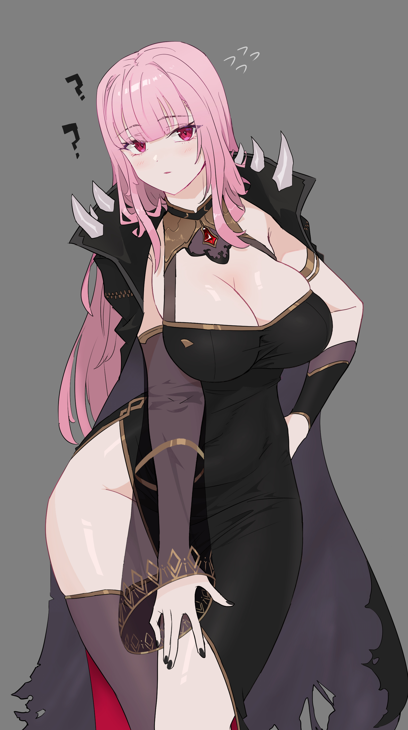 ?, absurdres, bangs, black cape, black dress, black nails, black thighhighs, breasts, cape, cleavage, cleavage cutout, clothing cutout, detached sleeves, dress, female, grey background, head tilt, highres, hololive, hololive english, hololive myth, large breasts, long hair, looking to the side, mori calliope, pink hair, red eyes, single detached sleeve, single thighhigh, solo, spikes, suiseichu, thighhighs, virtual youtuber, wide hips