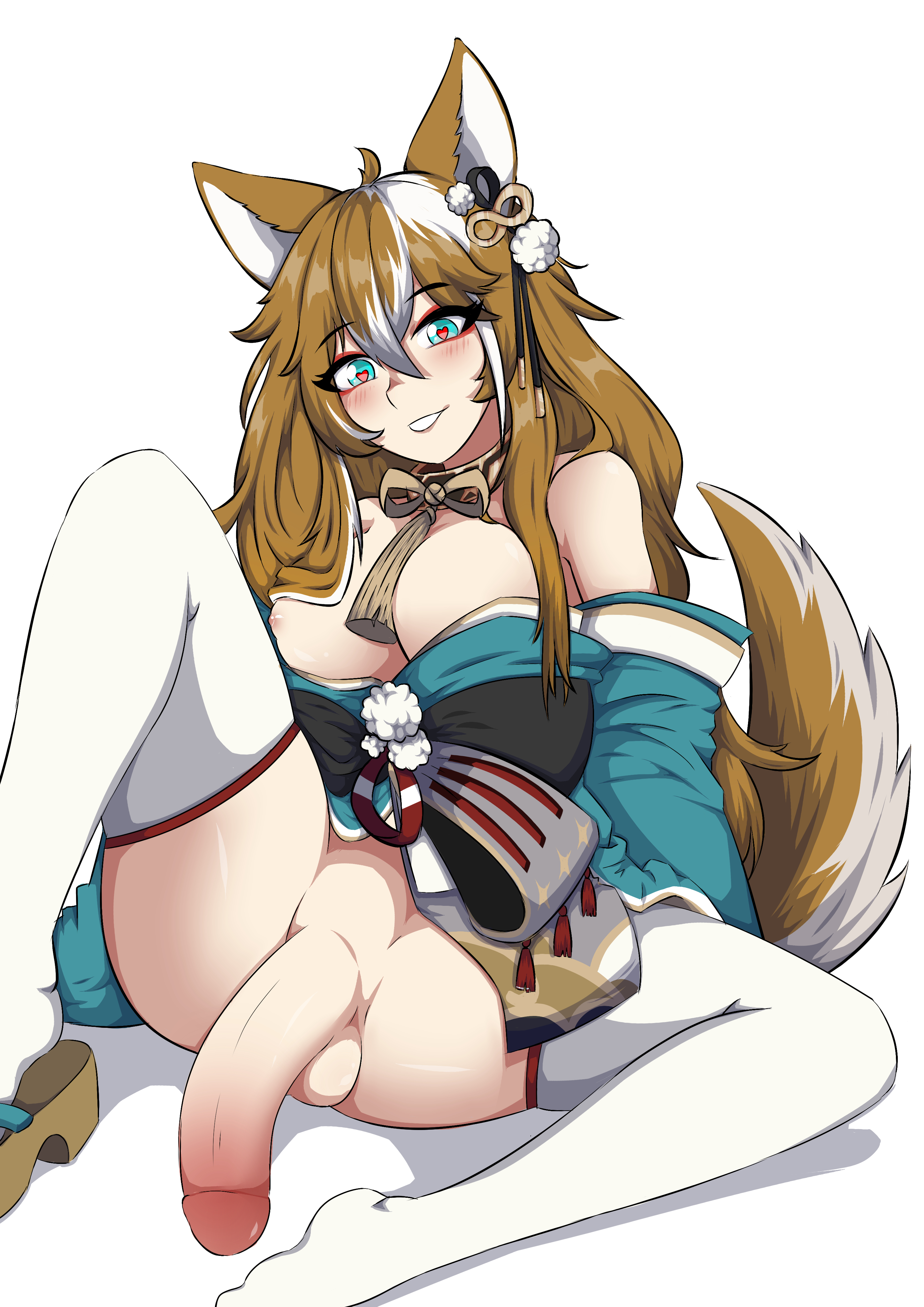 1futa, animal ears, areolae, balls, blue eyes, blush, breasts, clothed, clothing, dick, dickgirl, dog ears, dog tail, futa only, futanari, genshin impact, gorou (genshin impact), heart-shaped pupils, humanoid, humanoid penis, intersex, kemonomimi, light skin, light-skinned futa, looking at viewer, mostly nude, ms hina (genshin impact), nipples, penis, rule 63, sad energydrink, solo, source request