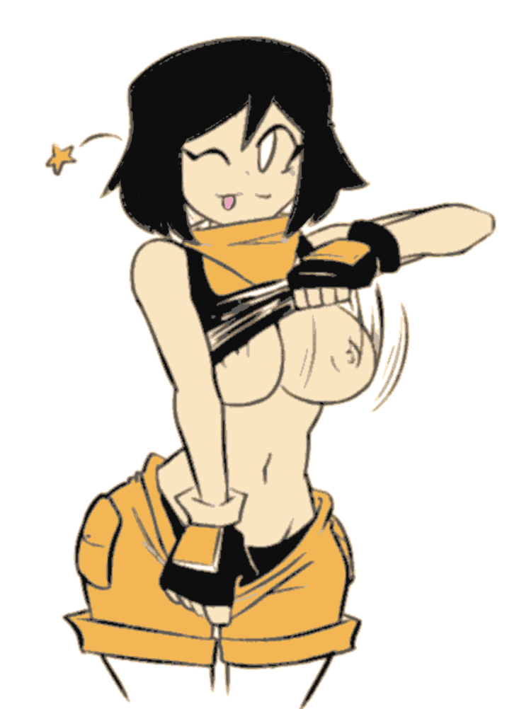 black_hair eve_(hexagony) flashing_breasts horny_female khaki_shorts oc original_character tongue_out wink winking_at_viewer