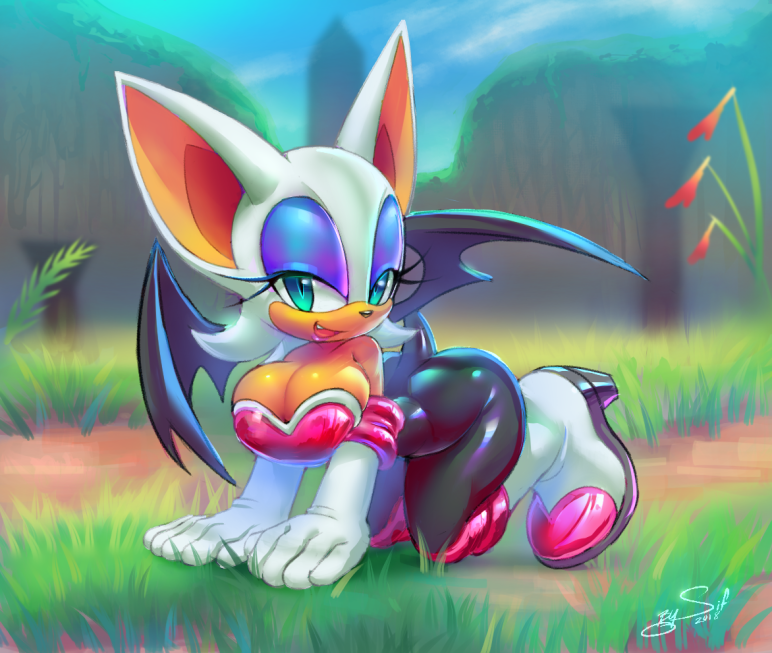 1girls anthro bat bat_wings big_breasts big_butt big_ears black_wings bodysuit breasts bubble_butt cleavage eyes_half_open female female_only fully_clothed furry gloves handwear high_heels huge_breasts large_breasts nature nature_background on_knees rouge_the_bat sega sif_(artist) solo sonic_(series) sonic_the_hedgehog_(series) tight_clothing wings