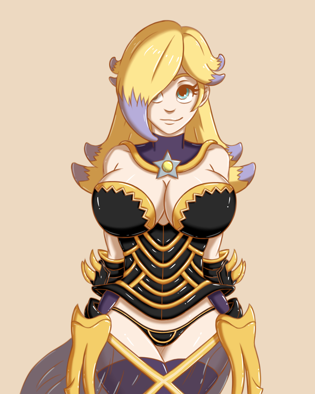 1girls armor black_panties blonde_hair blue_eyes breasts camilla_(fire_emblem) camilla_(fire_emblem)_(cosplay) company_connection cosplay crossover fire_emblem fire_emblem_fates fusion hair_over_one_eye hcitrus hypothetical_fusion large_breasts long_hair mario_(series) nintendo panties princess_rosalina purple_highlights