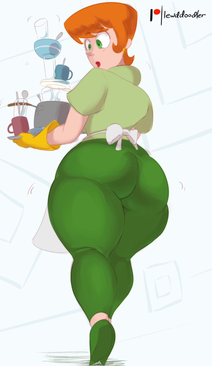 1girls, apron, armwear, ass, big ass, bottomwear, dexter's laboratory, dexter's mom, earrings, female, female only, full body, gloves, green eyes, green pants, green shirt, heels, hips, holding plate, huge ass, latex, latex gloves, legs, lewddoodler, lips, lipstick, mature, mature female, milf, orange hair, pants, plump, red lips, red lipstick, shirt, solo, solo female, thick lips, thick thighs, thighs, topwear, voluptuous, white apron, wide hips, yellow gloves