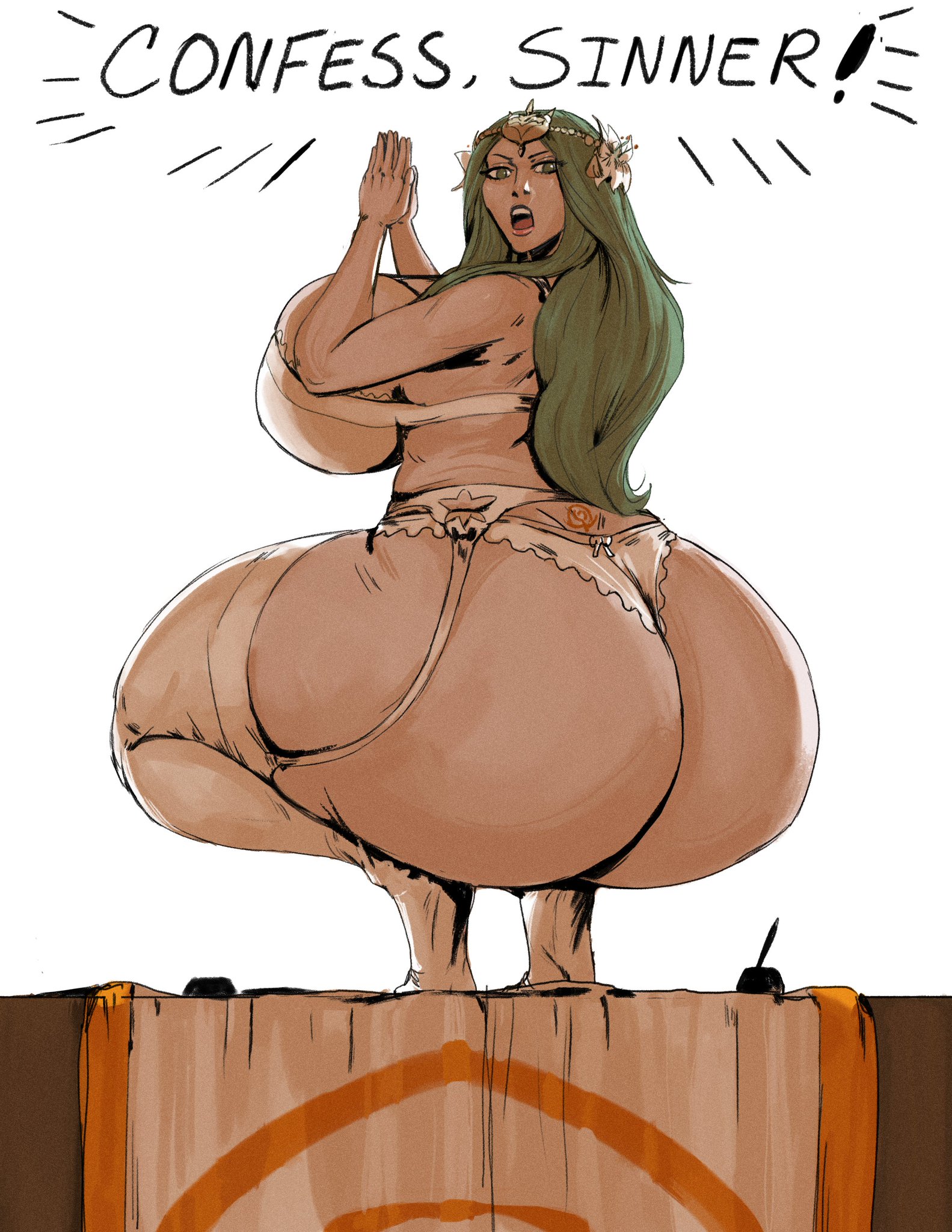 1girls, 2022, 5 fingers, archbishop, ass, ass focus, back tattoo, bare thighs, big breasts, bra, breasts, clothing, crest (fe3h), crown, curvy, dialogue, english text, female, female only, fire emblem, fire emblem: three houses, garter belt, green eyes, green hair, huge ass, huge breasts, light skin, light-skinned female, looking at viewer, looking back, massive ass, nintendo, open mouth, panties, praying, redblacktac, rhea (fire emblem), sideboob, solo, solo female, squat, squatting, tattoo, text, thick thighs, thighs, underwear, voluptuous, white panties