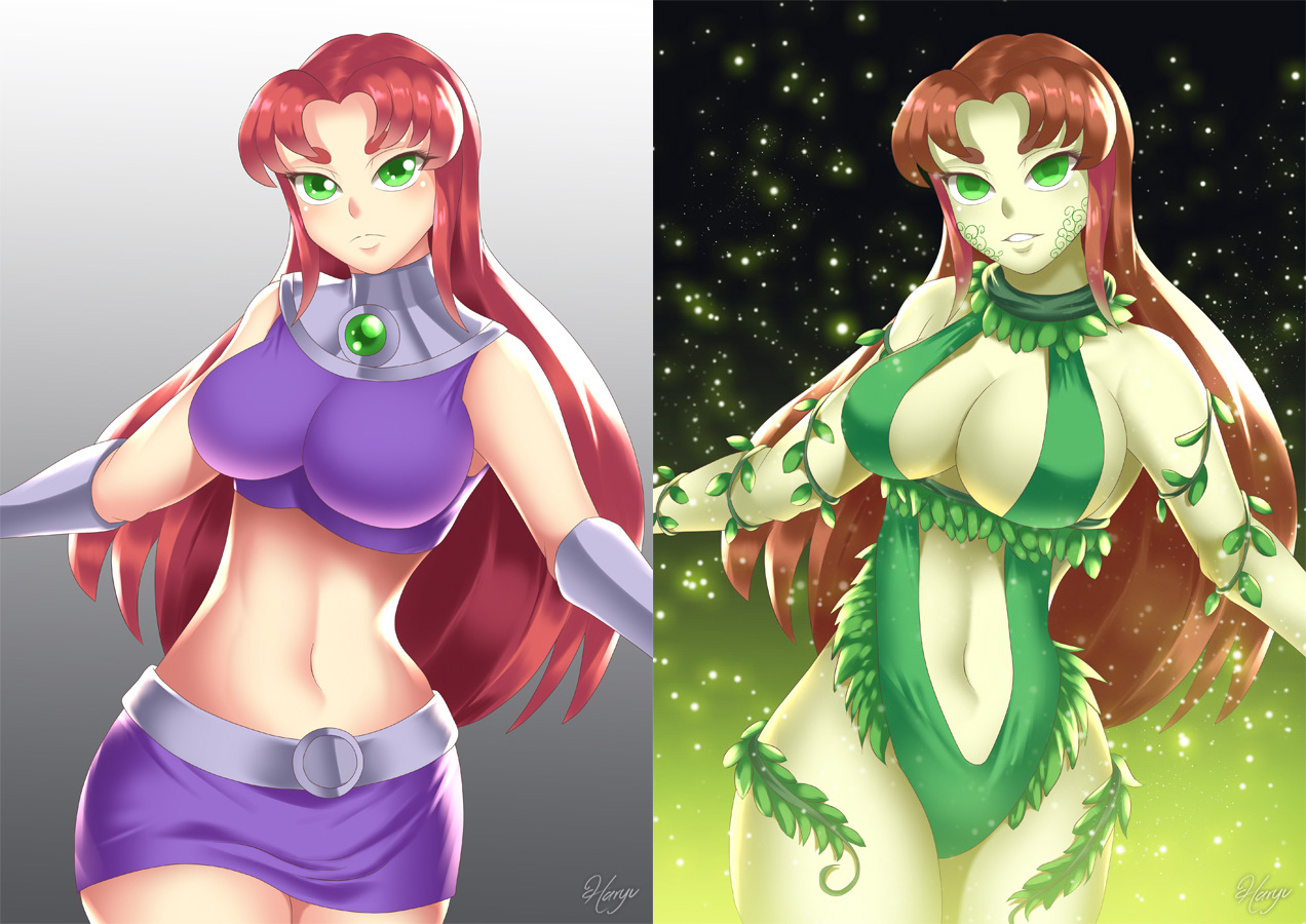 1girls, alien, before and after, big breasts, brainwashing, breasts, brown hair, cleavage, clenched teeth, dc, dc comics, female, female only, fusion, green eyes, green skin, grin, hair, haryudanto, huge breasts, large breasts, long hair, looking at viewer, navel, original character, poison ivy, skin color change, solo, starfire, teen titans, teeth, thick thighs, transformation
