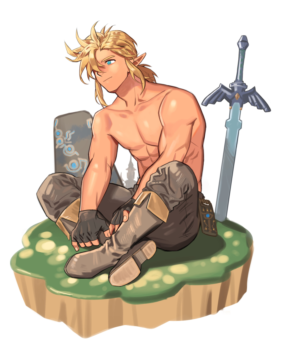 abs, artist request, blonde hair, blue eyes, breath of the wild, human, hylian, link, male, male only, muscles, muscular, muscular male, pecs, pointy ears, shirtless, tagme (artist), the legend of zelda