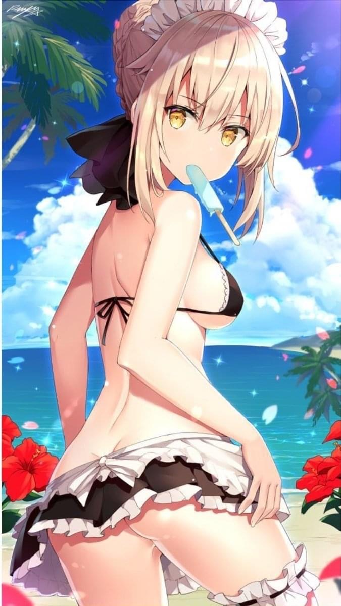 artoria_pendragon_(swimsuit_rider_alter) beach black_ribbon fate/grand_order fate_(series) hibiscus leg_garter maid maid_bikini pale_blonde_hair popsicle yellow_eyes