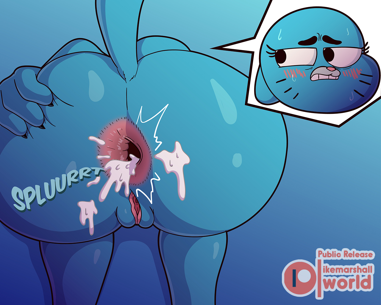 5:4, after anal, anal, anal sex, anal suggest, anal wink, anthro, anus, ass, blue body, blue skin, blush, bodily fluids, cartoon network, cum, cum in ass, cum inside, cum on ass, cum on butt, domestic cat, felid, feline, felis, female, gaping, gaping anus, genital fluids, genitals, ike marshall, mammal, nicole watterson, nude, presenting, presenting anus, pussy, solo, spread ass, spread butt, spreading, the amazing world of gumball