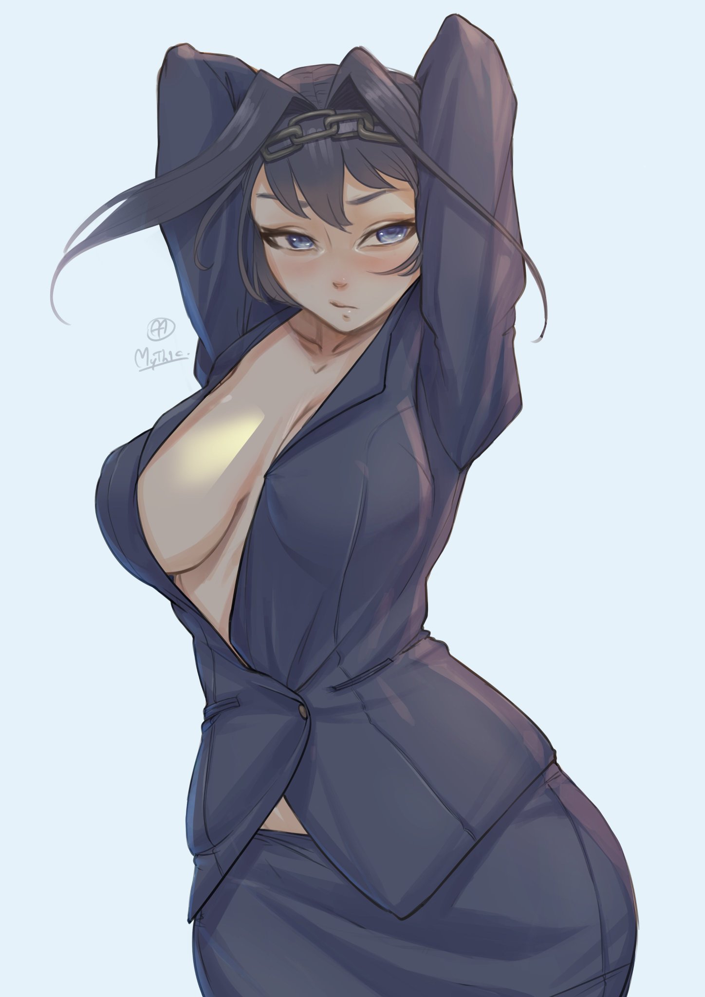 breasts, cleavage, female, hololive, hololive english, hololive english -council-, hololive english -promise-, myth1c, office lady, ouro kronii, short hair, suit, virtual youtuber
