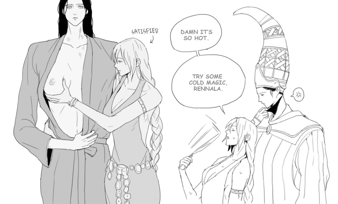 2girls, braid, breasts, breasts out, dialogue, elden ring, female, female only, fromsoftware, groping, groping breasts, lucy maud1, magic, multiple females, multiple girls, open clothes, open shirt, queen marika the eternal, rennala queen of the full moon, size difference, taller female, yuri