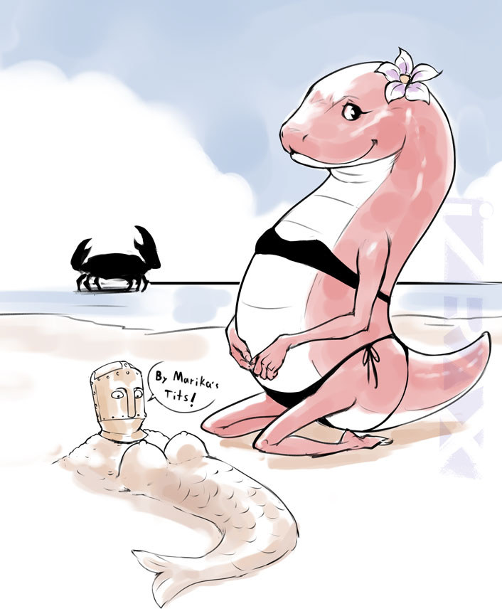 1boy 1girls bathing_suit beach big_breasts blackguard_big_boggart elden_ring erect_nipples female female_focus fromsoftware funny giant_crab_(elden_ring) izra marika's_tits,_you_must_be_'ungry nipples sand scalie smile snake_girl tail wholesome zorayas