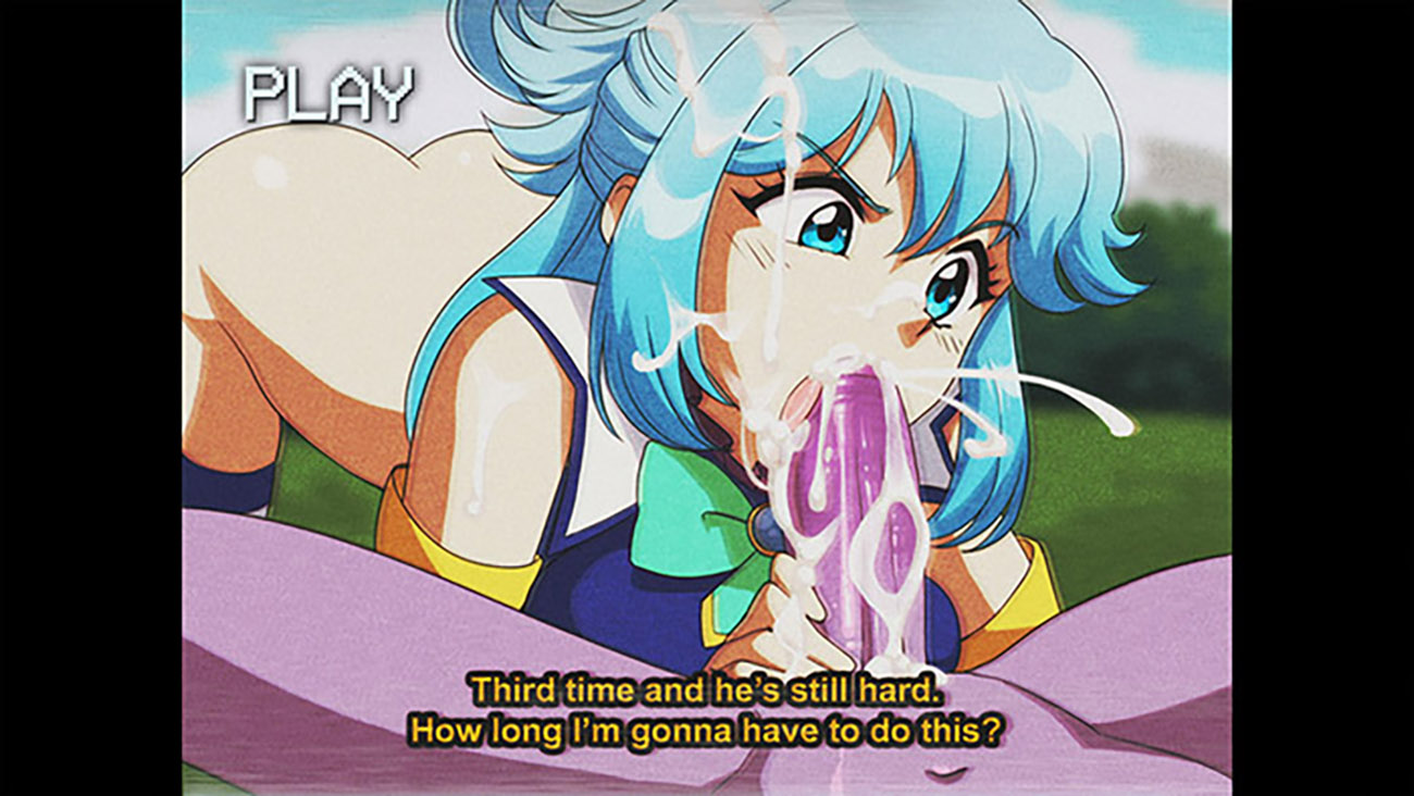 1boy, 1girls, aqua (konosuba), aqua eyes, aqua hair, ass, blue eyes, blue hair, cum, cum in mouth, cum inside, dialogue, dirtyero (artist), fellatio, female, kono subarashii sekai ni shukufuku wo!, light blue eyes, light blue hair, male, oral, penis, pillarbox, purple body, purple skin, retro artstyle