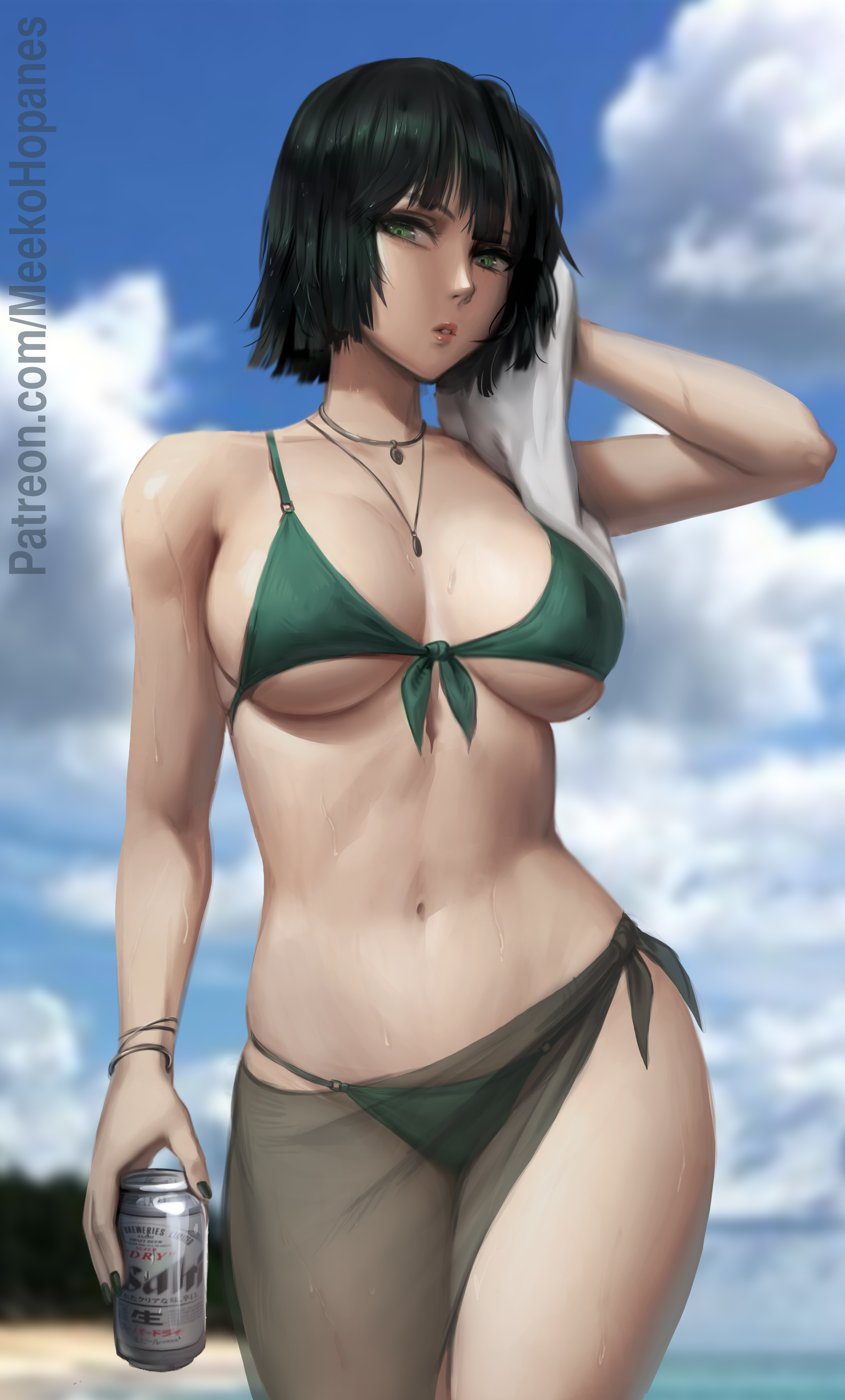 1girls, absurd res, arm up, bangs, bare shoulders, beach, beer, beer can, belly, belly button, big breasts, bikini, blue sky, bob cut, breasts, busty, cleavage, collarbone, curvaceous, curvy, curvy body, curvy female, curvy figure, dark green hair, dark hair, eye contact, eyelashes, female, female focus, female only, fringe, front view, fubuki (one-punch man), green eyes, green hair, hand on head, heroine, highres, hips, hourglass figure, large breasts, legs, legs together, light skin, light-skinned female, lips, lipstick, looking at viewer, medium hair, meekohopanes, midriff, nails, navel, necklace, one-punch man, open mouth, pink lips, pink lipstick, pose, short hair, sky, slim, slim waist, solo, solo female, solo focus, stomach, thick legs, thick thighs, thighs, thin waist, tits, toned, toned body, toned female, toned stomach, towel, venus body, voluptuous, wet, wet body, wet skin, wide hips