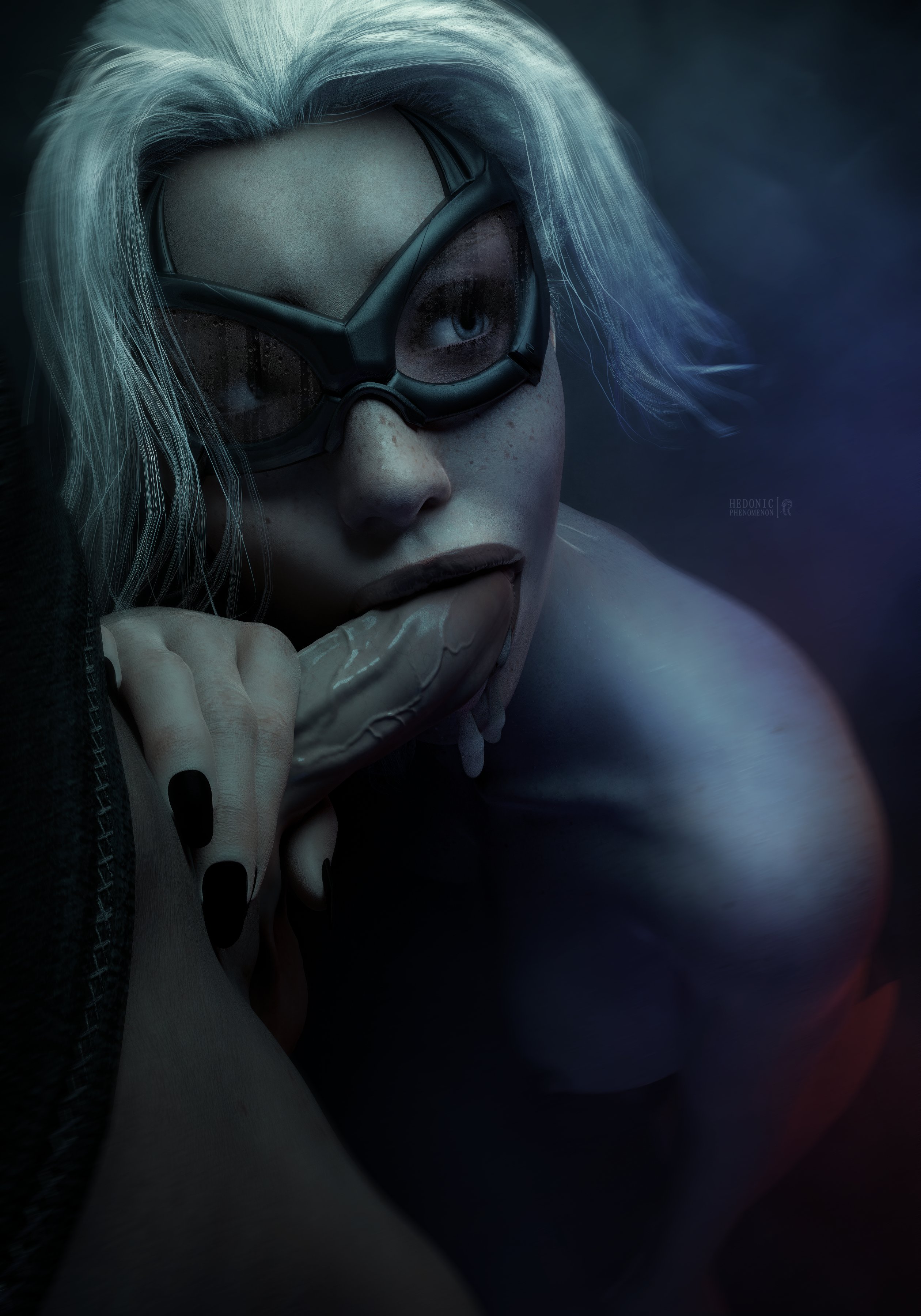 1boy, 1girls, 3d, 3d (artwork), areolae, balls, black cat (insomniac), black cat (marvel), black nail polish, black nails, blowjob, breasts, cum, cum drip, cum in mouth, cum inside, duo, eyelashes, felicia hardy, fellatio, female, female focus, freckles, hedonicphenomenon, holding penis, light skin, light-skinned female, light-skinned male, lips, lipstick, looking away, male, male/female, marvel, marvel comics, mask, nails, nipples, nude, nude female, oral, oral penetration, oral sex, partially clothed male, penis, penis grab, penis in mouth, realistic, spider-man (ps4), spider-man (series), spider-man 2 (ps5), sucking, sucking penis, unseen male face, vein, veins, veiny penis, white hair