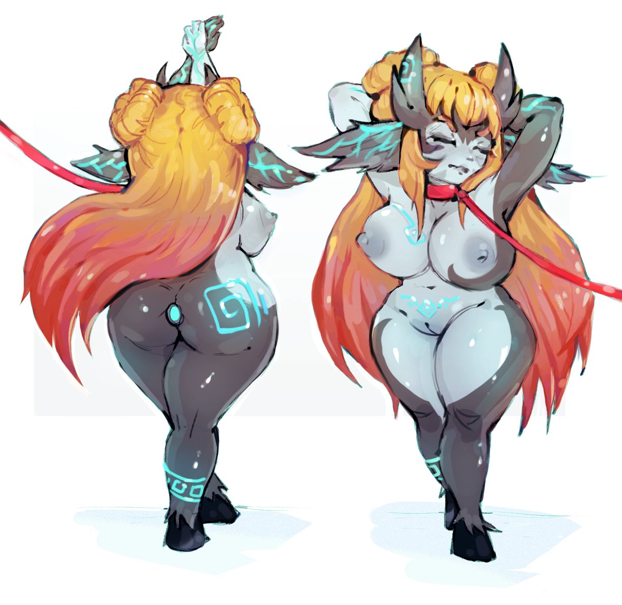 1girls areolae arms_behind_head arms_up ass breasts cinela closed_eyes commission female female_only front_and_back horns imp imp_midna leash long_ears long_hair midna nipples nude nude_female pointy_ears pussy red_hair solo the_legend_of_zelda thick_thighs twilight_princess twin_buns two_tone_hair white_background yellow_hair