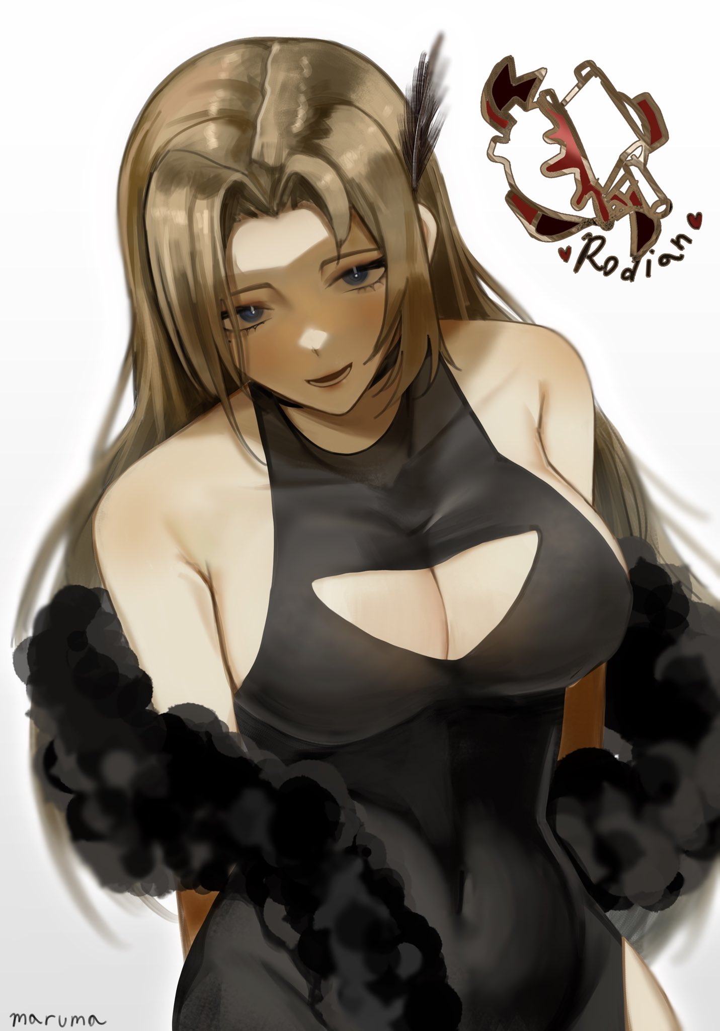1girls, big breasts, blue eyes, blush, breasts, brown hair, cleavage, clothing, female, limbus company, long hair, looking at viewer, project moon, rodion (limbus company), smile