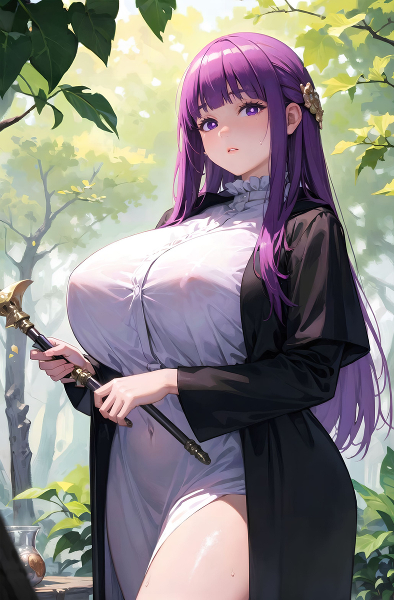 ai generated, breasts, breasts bigger than head, curvaceous, curvy female, female, fern (sousou no frieren), gigantic breasts, huge breasts, long hair, purple eyes, purple hair, sorceress, sousou no frieren, thick thighs, toai r, voluptuous, voluptuous female