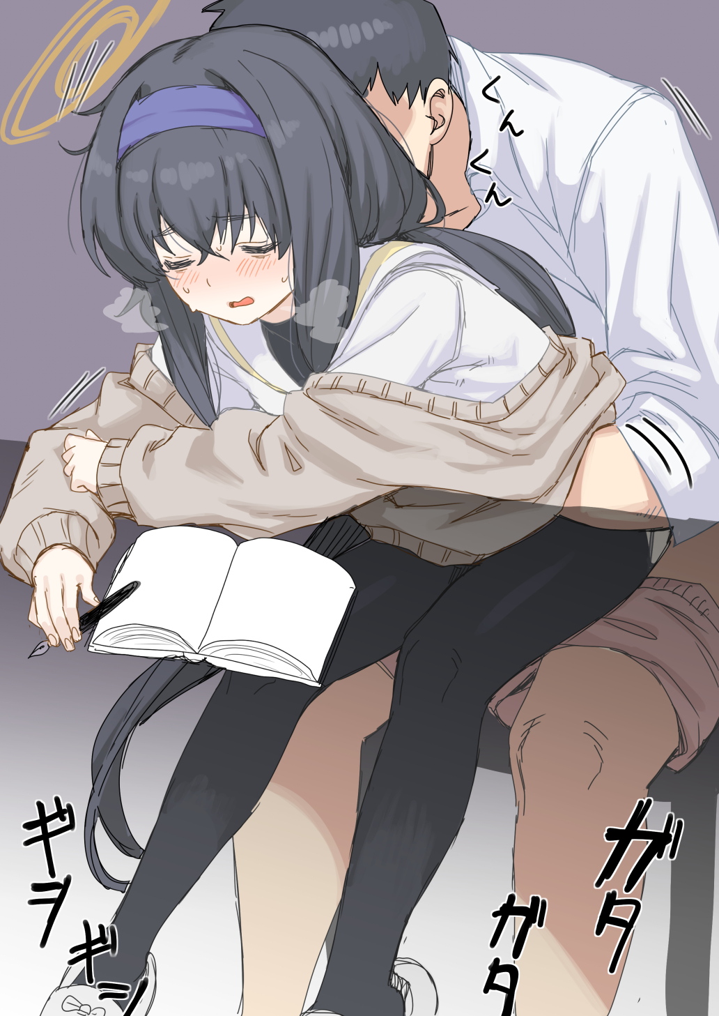 1boy black_hair black_pantyhose blue_archive blue_hairband blush book brown_cardigan cardigan closed_eyes clothed_sex commentary_request female hair_between_eyes hairband halo hand_under_clothes heavy_breathing highres holding holding_pen long_hair long_sleeves open_mouth pantyhose pen purple_background school_uniform sex sex_from_behind shirt simple_background sitting straight sweat trinity_general_school_student ui_(blue_archive) white_shirt whoosaku