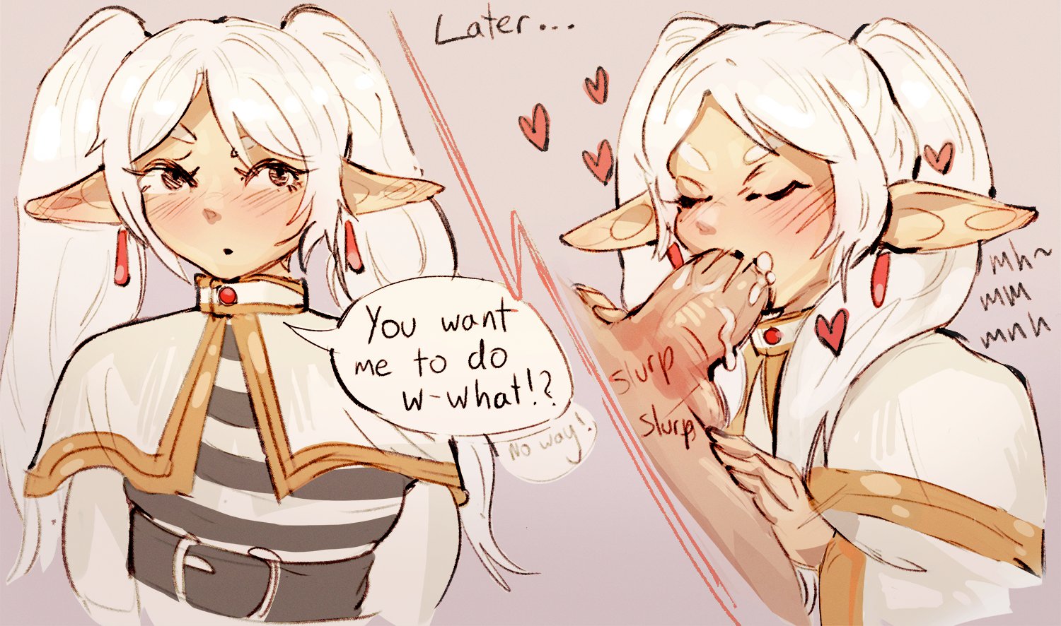 1boy, 1girls, blowjob, blush, cinela, closed eyes, dialogue, earrings, elf, elf ears, elf female, english text, fellatio, female, female focus, frieren, heart, hi res, long hair, male, oral, penis, sousou no frieren, speech bubble, twintails, white hair