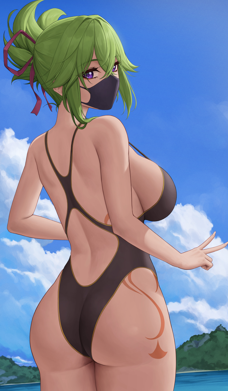 1girls, 2022, ass, ass focus, ass shot, backboob, beach, body markings, breasts, female, female only, genshin impact, green hair, hips, huge ass, huge breasts, kuki shinobu, mask, one-piece swimsuit, outdoors, purple eyes, sideboob, slim waist, swimsuit, thick thighs, thighs, wide hips, zaphn