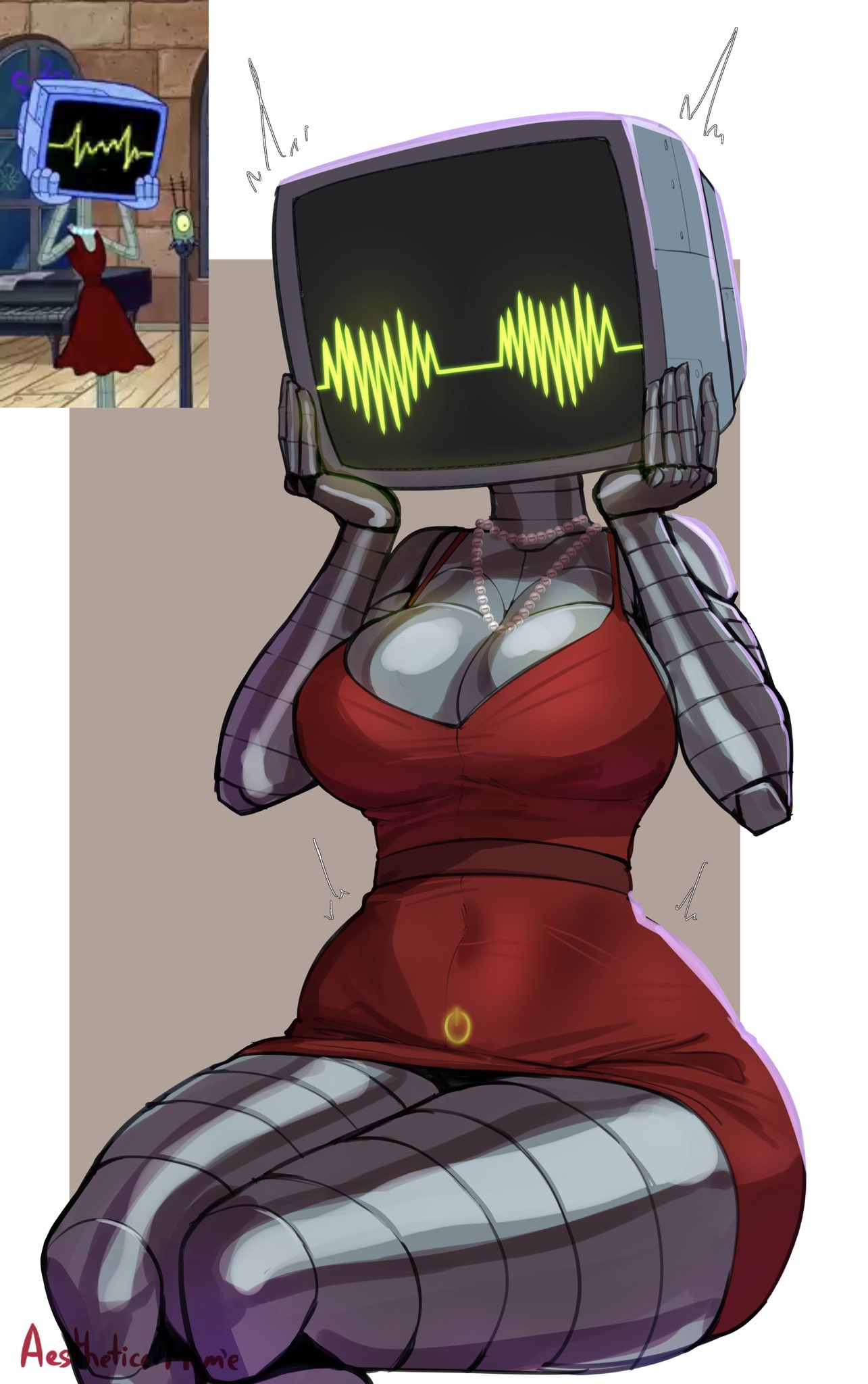 2d, aestheticc-meme, big breasts, breasts, dress, female, hi res, humanoid, karen plankton, metallic body, reference image, robot, robot girl, robot humanoid, screen, screen face, spongebob squarepants, tagme, thick thighs, tv, tv head, wide hips