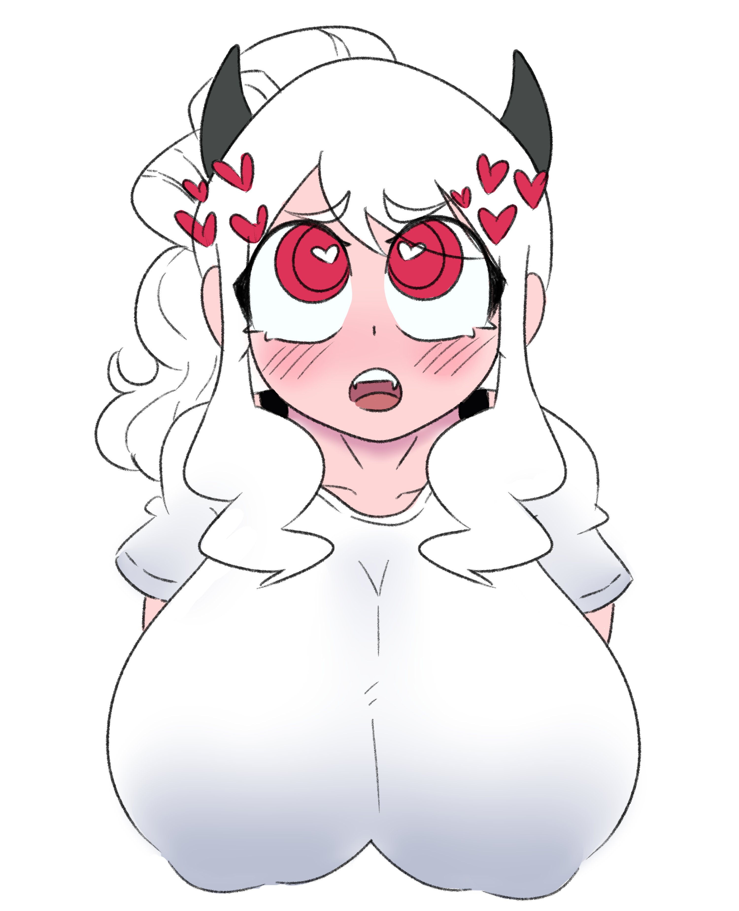 1girls, aroused, big breasts, blush, blush lines, breasts, busty, clothing, demon, demon girl, female, female only, heart-shaped pupils, helltaker, huge breasts, inakotho, large breasts, looking at viewer, looking up, modeus (helltaker), nipple bulge, nipples, open mouth, red eyes, shirt, simple background, solo, solo female, straight hair, upper body, white background, white hair