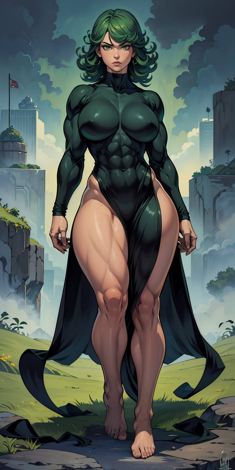 1girls abs ai_generated big_breasts breasts dress female female_only fit fit_female green_hair muscular muscular_female one-punch_man solo tatsumaki thick_thighs vitoryt