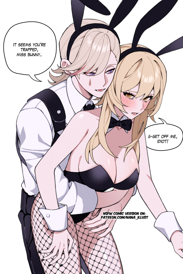1boy, 1girls, blonde hair, breasts, bunny girl, bunnysuit, cleavage, english text, female, fishnet legwear, fishnets, fully clothed, genshin impact, grabbing from behind, leotard, lumine (genshin impact), lyney (genshin impact), male, playboy bunny, purple eyes, revealing clothes, text, text bubble
