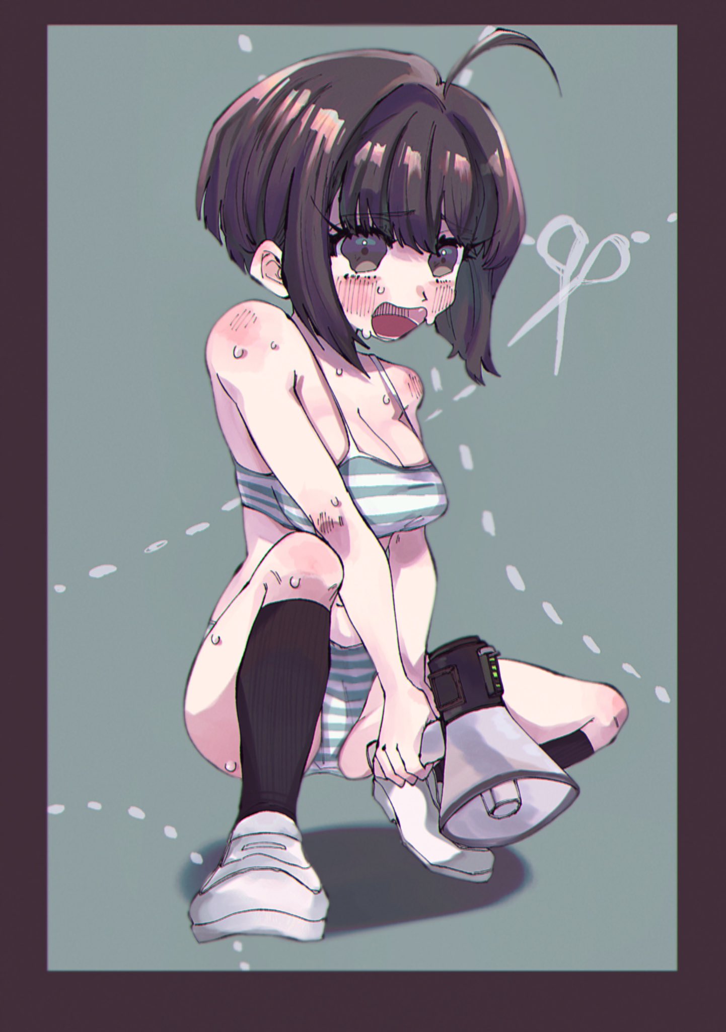 2020 2d ahoge artist_request black_socks blush blush_lines bra brown_hair crouching crouching_female cute cute_girl danganronpa danganronpa_ultra_despair_girls embarrassed embarrassed_female full_body holding_object knee_socks medium_breasts naegi_komaru open_mouth panties shoes short_hair solo striped_bra striped_panties sweat underwear white_shoes