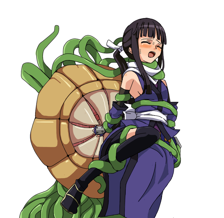 2011 black_hair blush closed_eyes legend_of_the_unemployed_ninja legs_up long_hair open_mouth ponytail shino_sis tentacle tentacle_around_neck tentacle_monster