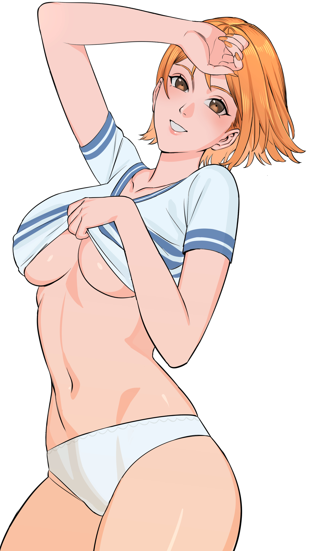 1girls, belly, breasts, brown eyes, female, female only, large breasts, looking at viewer, nami (one piece), one piece, orange hair, orange-haired female, panties, pre-timeskip, shirt lift, short hair, underboob, uukkaa, voluptuous, white background, white panties