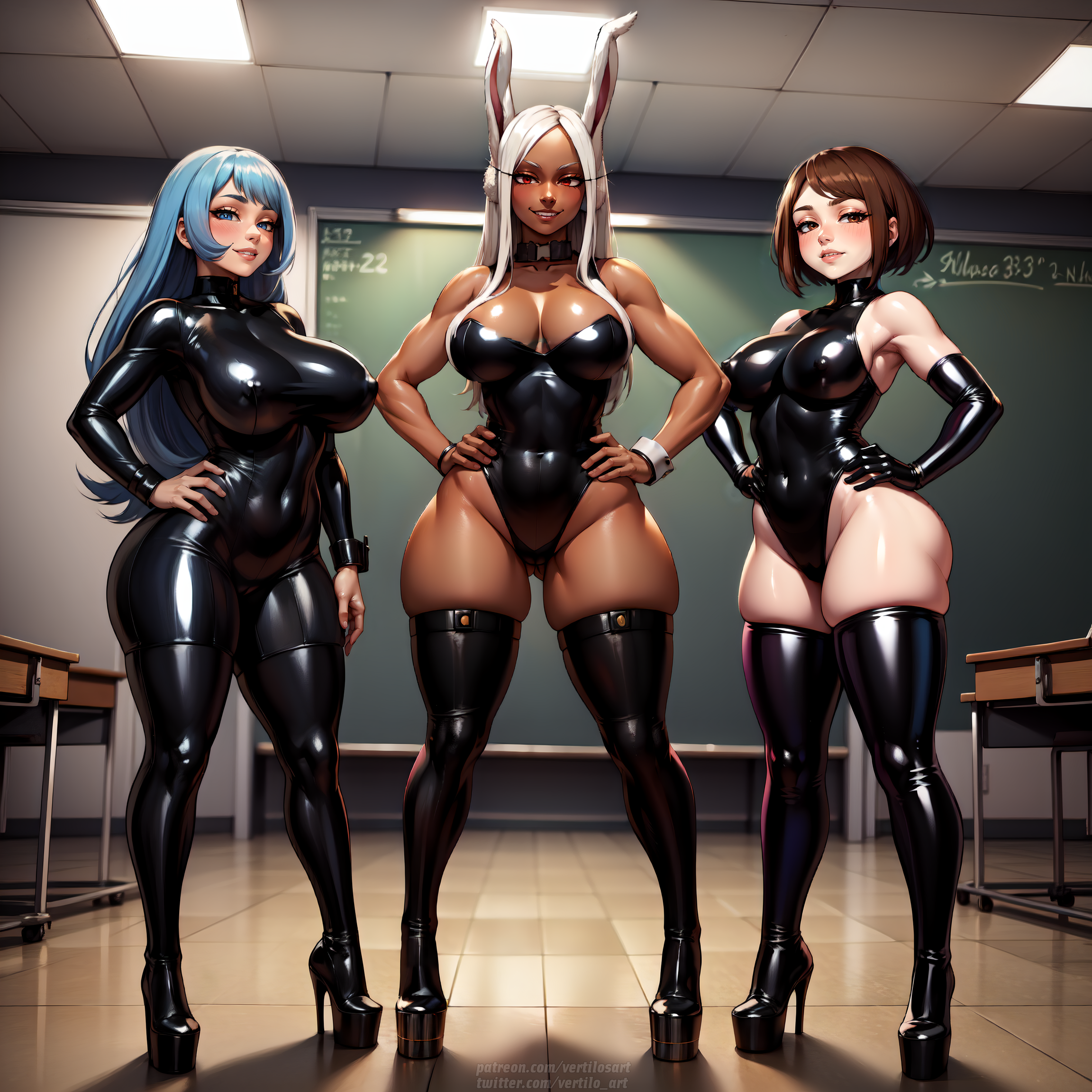 3girls, ai generated, bimbo, bimbo body, blue hair, bodysuit, brown hair, bunny ears, choker, classroom, dark skin, dark-skinned female, elbow gloves, female, female only, hadou nejire, hands on hips, high heel boots, high heels, latex, latex gloves, latex suit, latex thighhighs, leotard, miruko, my hero academia, nejire hado, ochako uraraka, platform footwear, platform heels, rumi usagiyama, standing, strapless leotard, tagme, thigh boots, thighhighs, turtleneck, uraraka ochako, vertiloart, voluptuous, voluptuous female, white hair