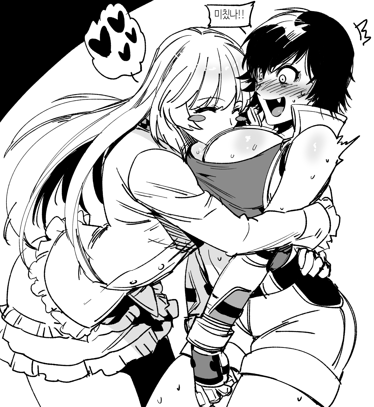 2girls, blush, breasts, cleavage, closed eyes, cute fang, emilie de rochefort, female, happy, hug, hugging, kazama asuka, large breasts, long hair, monochrome, namco, short hair, short shorts, shorts, smile, smothering, spoken heart, tank top, tekken, tekken 8, wholesome, yuri