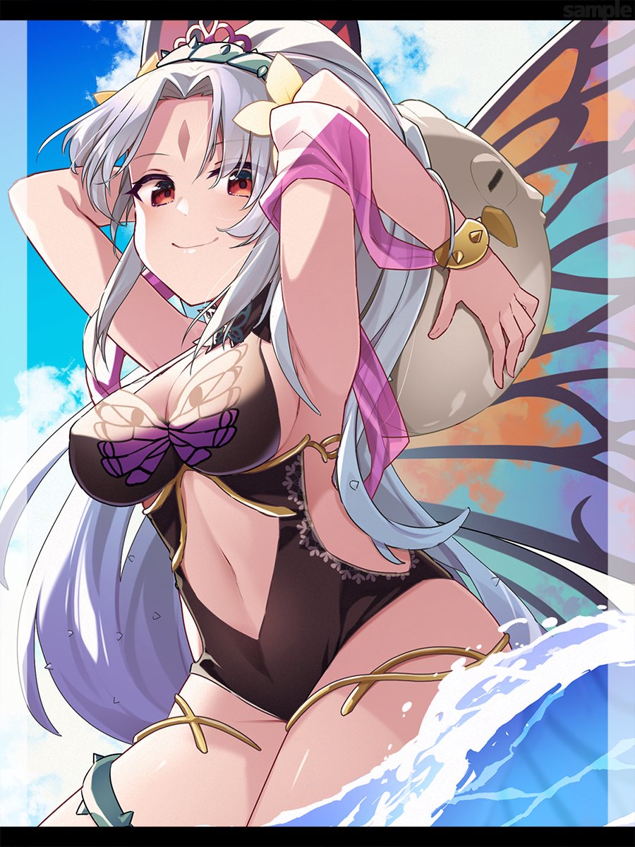 1girls ball beachball black_swimsuit breasts brown_swimsuit commission feh_(fire_emblem_heroes) female female_only fire_emblem fire_emblem_heroes green_hairband hairband highres kishiro_azuhito large_breasts looking_at_viewer nintendo official_alternate_costume one-piece_swimsuit plant plumeria_(fire_emblem) plumeria_(summer)_(fire_emblem) ponytail red_eyes skeb_commission solo swimsuit upper_body vines water white_hair