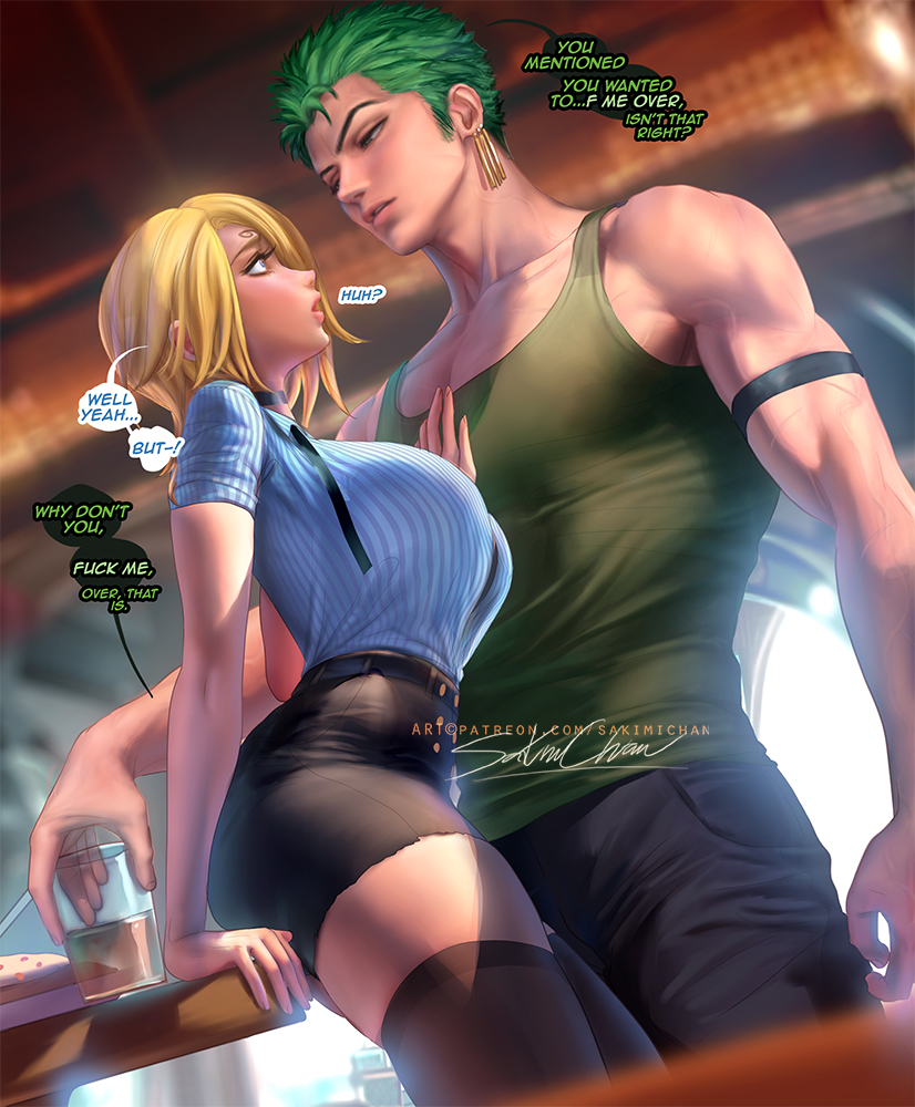 1boy 1girls against_table black_thighhighs blonde_hair blue_eyes blush breasts buttons collared_shirt curly_eyebrows drink earrings english_text female female_focus food genderswap_(mtf) green_hair hair_over_one_eye jewelry large_breasts lips looking_at_another male medium_hair muscular muscular_male one_piece open_mouth roronoa_zoro rule_63 sakimichan shirt short_hair shorts speech_bubble straight text thick_thighs thighhighs thighs underwear veins vinsmoke_sanji zettai_ryouiki