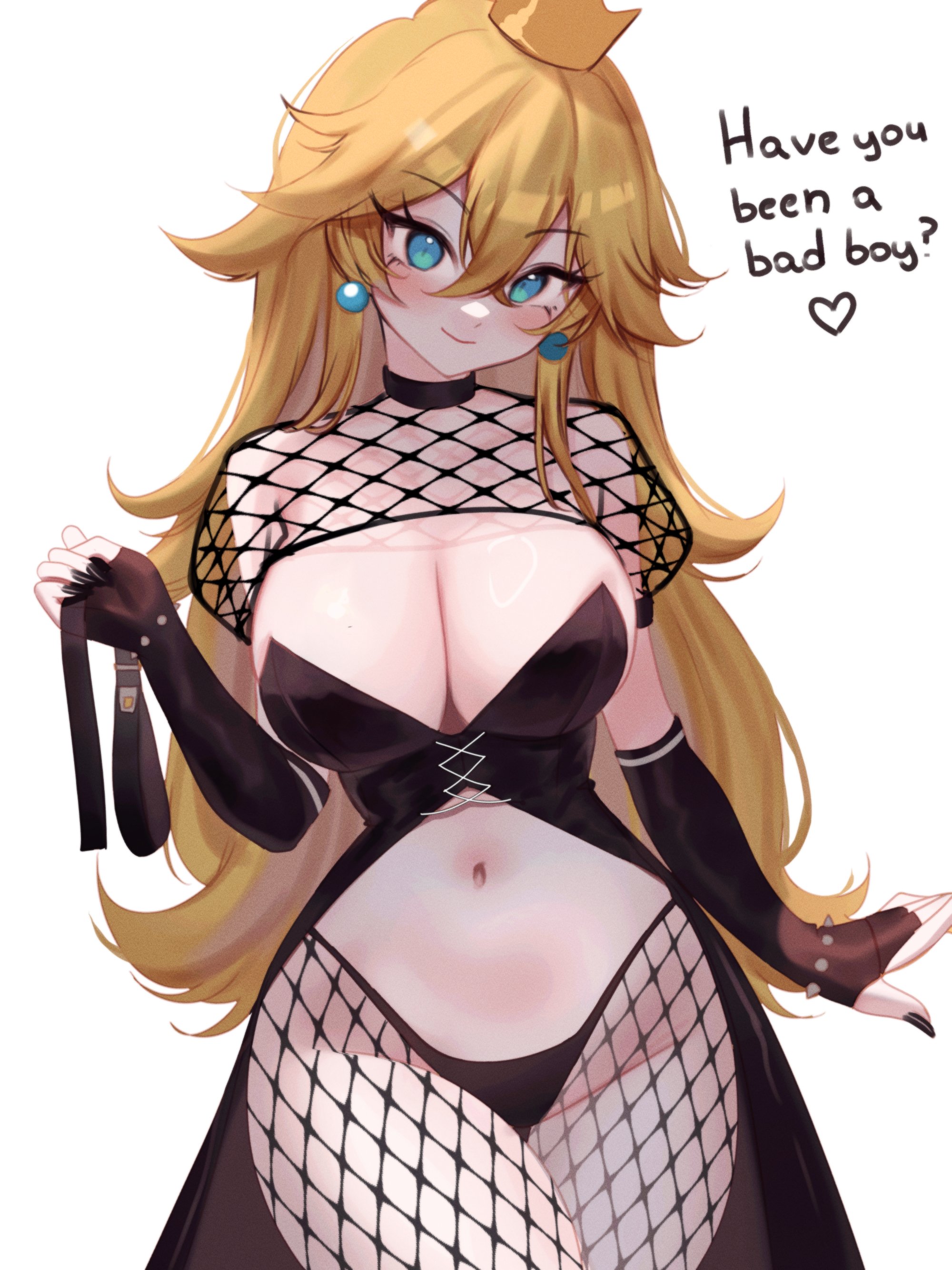 1girls, big breasts, blonde hair, blue eyes, breasts, clothed, clothing, color, crown, english text, female, female focus, female only, fishnets, gloves, goth, goth girl, hi res, large breasts, light skin, light-skinned female, long hair, looking at viewer, mario (series), nintendo, princess, princess peach, skyaboveme, solo, solo female, tagme, text, thick thighs