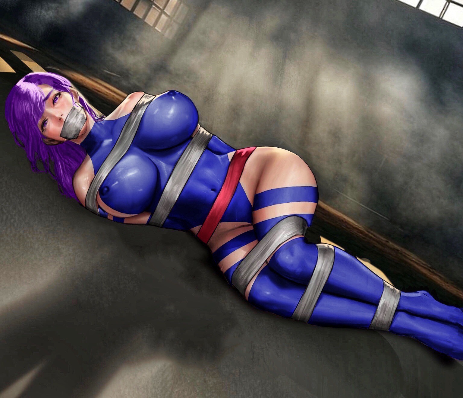 1girls, abducted, arms behind back, arms tied, bad end, big breasts, bodysuit, bondage, bound, bound arms, bound legs, breasts, captive, captured, captured heroine, crying, crying with eyes open, defeated, defeated heroine, doomed superheroine, dubious consent, duct tape, dungeon, edit, female, gag, gagged, game over, helpless, huge breasts, kidmo, kidnapped, kunoichi, large breasts, legs tied, marvel, marvel comics, ninja, nipple bulge, pokies, prisoner, psylocke (kwannon), purple eyes, purple hair, scared, sex slave, straight hair, superheroine, tape bondage, tape gag, taped mouth, tears, thighhighs, thong, tied up, voluptuous, x-men