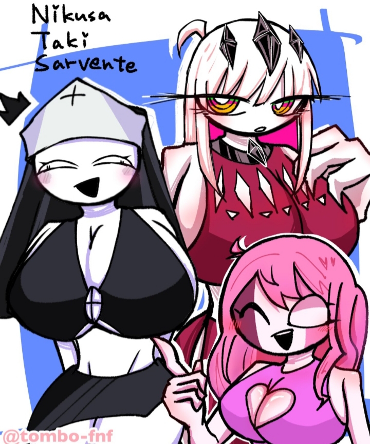 3girls, big breasts, bikini top, black topwear, breasts, female, female only, fnf entity, friday night fever, friday night funkin, friday night funkin mod, huge breasts, large breasts, long hair, mid-fight masses, newgrounds, nikusa (sugarratio), nun, nun's habit, pink hair, sarvente (dokki.doodlez), taki (fevertown), thick thighs
