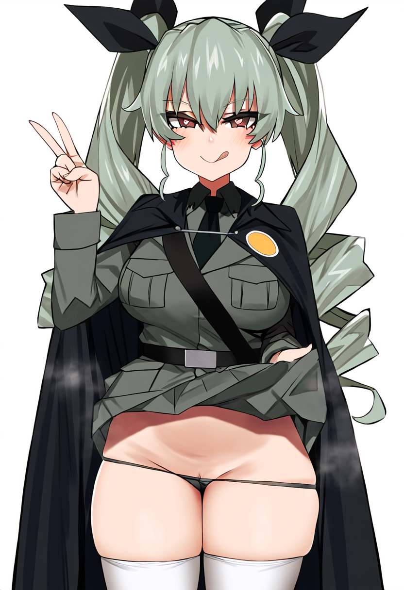 ai_generated anchovy blush girls_und_panzer green_hair heart-shaped_pupils military_uniform novelai panties peace_sign skirt_lift tongue_out