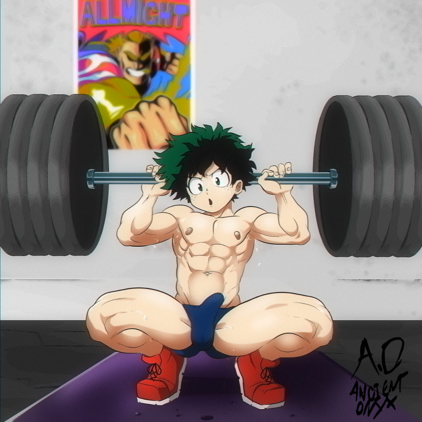 1boy all_might ancient-onyx boner deku dumbbell erection erection_under_clothes green_eyes green_hair gym_mat izuku_midoriya male male_only midoriya_izuku muscular_male my_hero_academia poster red_shoes shoes shoes_on sweat sweatdrop sweating toshinori_yagi training underwear weight weightlifting weights working_out workout young younger_male