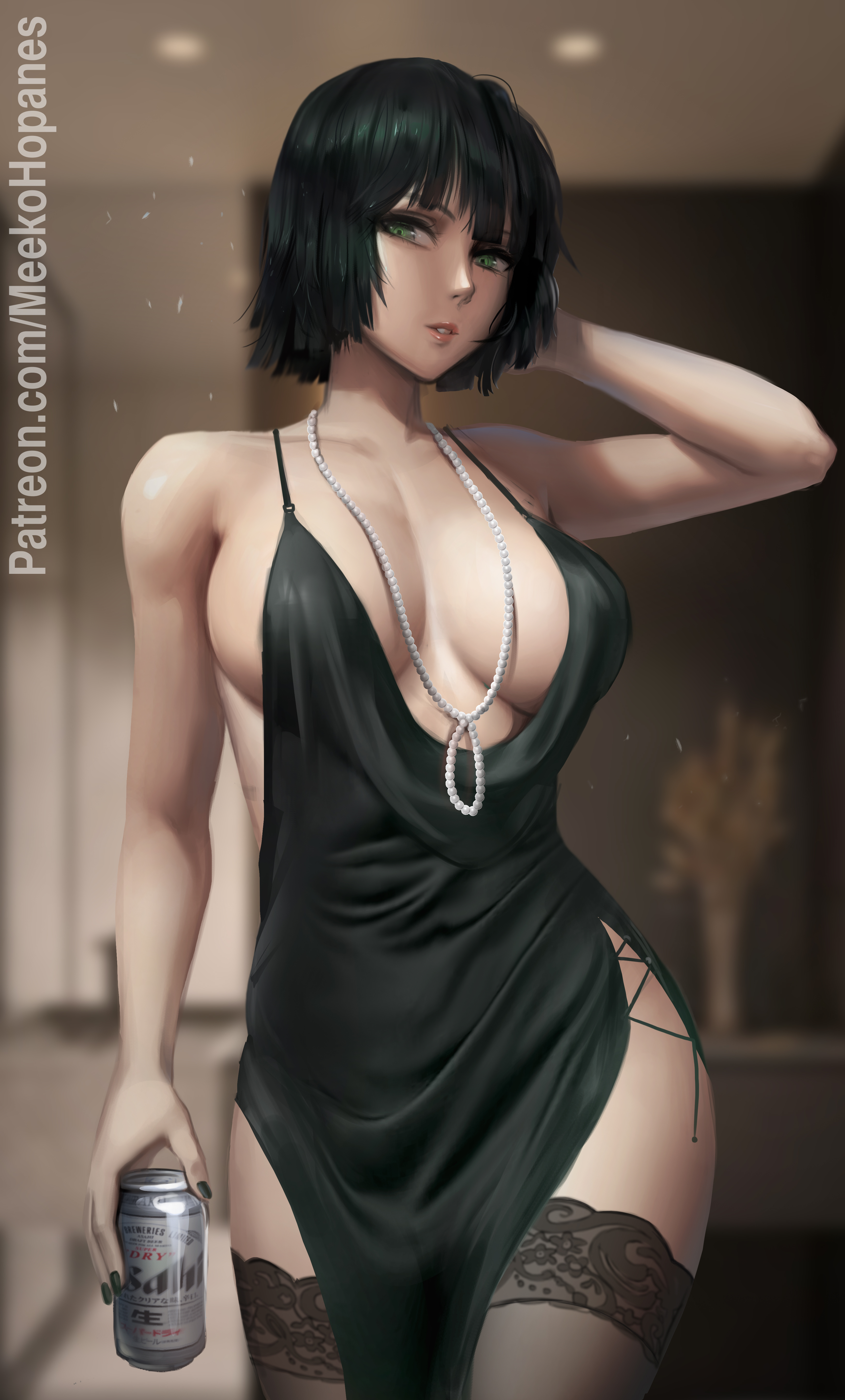1girls, absurd res, arm up, bangs, bare shoulders, beer, beer can, big breasts, blush, bob cut, breasts, busty, cleavage, collarbone, curvaceous, curvy, curvy body, curvy female, curvy figure, dark green hair, dark hair, dress, eye contact, eyelashes, female, female focus, female only, fringe, front view, fubuki (one-punch man), green eyes, green hair, hand on head, heroine, highres, hips, hourglass figure, large breasts, legs, legs together, lips, lipstick, medium hair, meekohopanes, nails, necklace, one-punch man, open mouth, pink lips, pink lipstick, pose, short hair, slim, slim waist, solo, solo focus, thick legs, thick thighs, thighhighs, thighs, thin waist, toned, toned body, toned female, voluptuous, wide hips