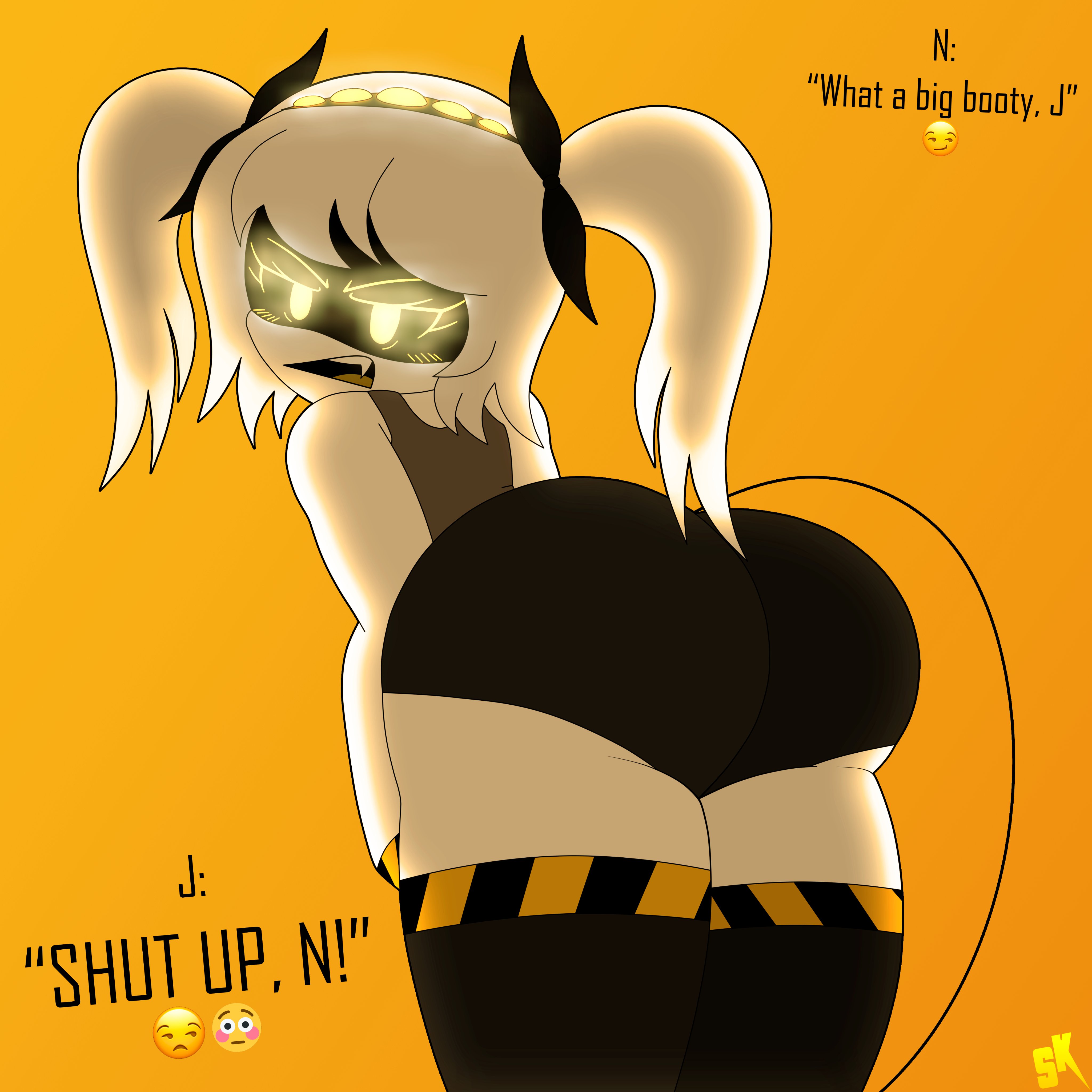 1boy, 1girls, 2d, ass, ass focus, black thighhighs, cute fang, emoji, english text, female, female focus, from behind, glitch productions, glowing, glowing eyes, humanoid, j (murder drones), looking back, male, murder drones, n (murder drones), nyrezu, open mouth, orange background, personification, robot, robot girl, robot humanoid, screen face, shorts, smiley face, solo, thick thighs, thighhighs, thighs, twintails
