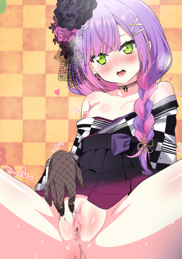 anus bangs black_gloves black_hakama blush braid breasts censored checkered_clothes checkered_kimono clitoris colored_inner_hair demon_girl female fishnet_gloves fishnets fuyumi_kazuki gloves green_eyes hair_ornament hakama holoforce hololive hololive_japan japanese_clothes kimono long_hair mosaic_censoring multicolored_hair nipples open_mouth piercing pink_hair purple_hair pussy side_braid small_breasts solo spread_legs sweat tokoyami_towa trembling virtual_youtuber