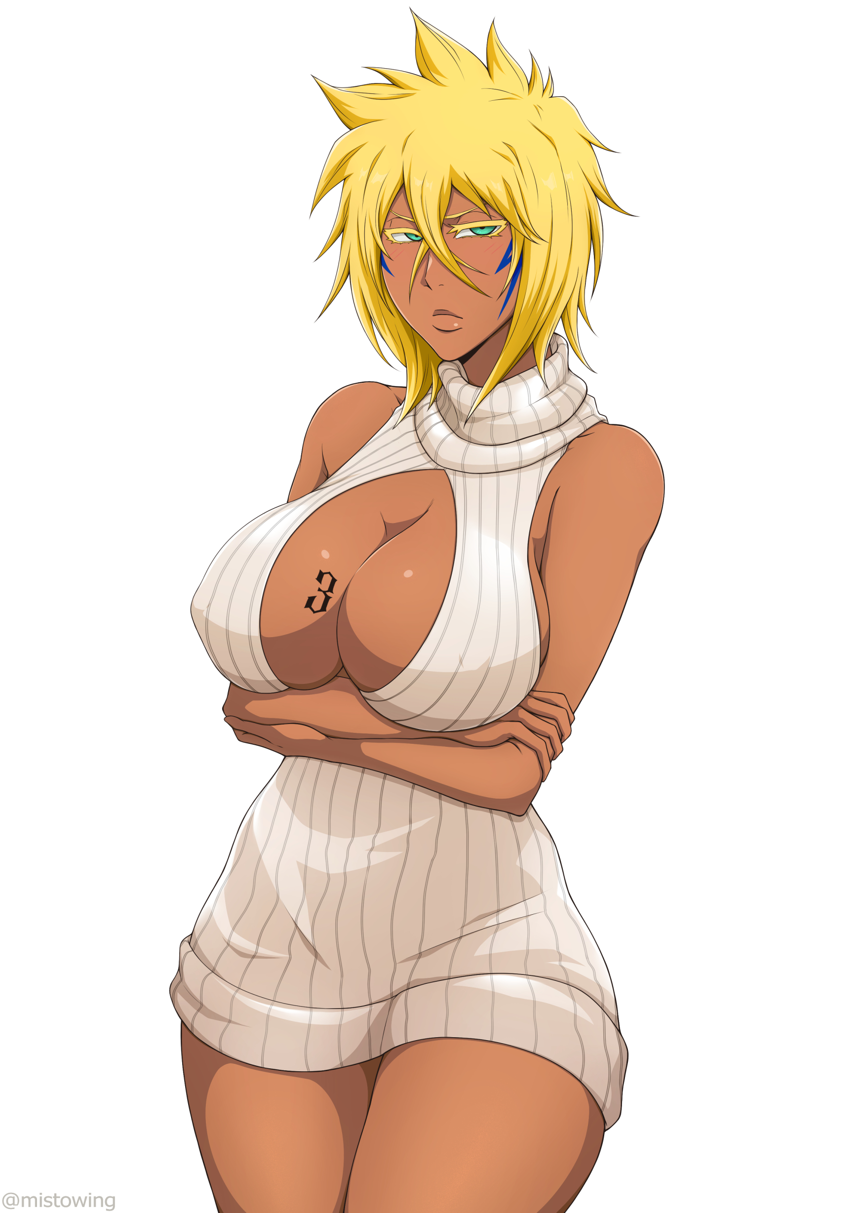 1girls, arrancar, artist name, big breasts, bleach, breast tattoo, breasts, center opening, cleavage, crossed arms, cutout, dark skin, dark-skinned female, facepaint, female, female only, green eyes, highres, huge breasts, looking at viewer, mistowing, no bra, no bra under clothes, number tattoo, pinup, plain background, revealing clothes, sagging breasts, simple background, skimpy, skimpy bikini, solo, solo female, solo focus, sweater, tattoo, tia harribel, turtleneck, turtleneck sweater, url, virgin killer sweater, voluptuous, voluptuous female, web address, white background, wide hips, yellow hair